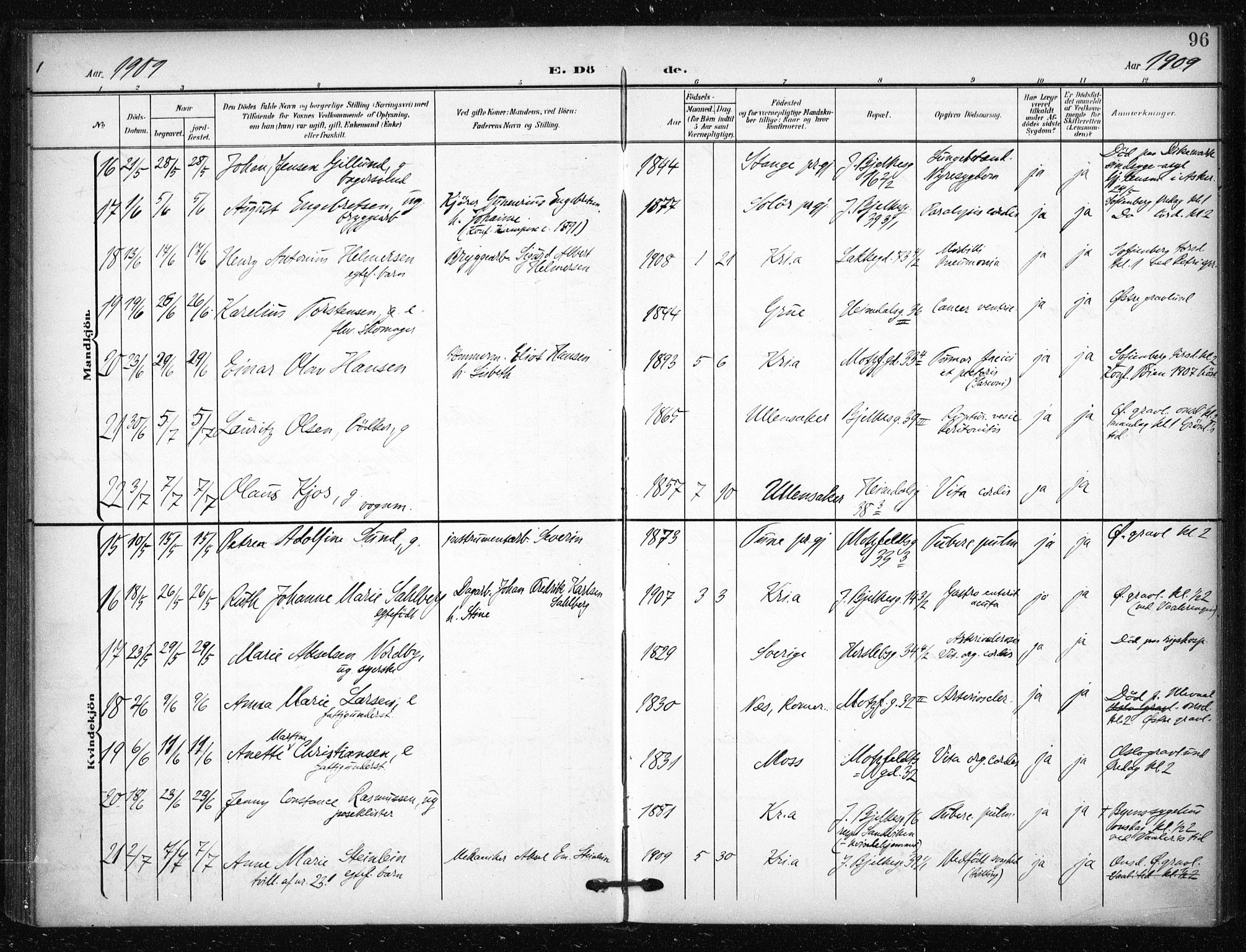 Tøyen prestekontor Kirkebøker, AV/SAO-A-10167a/F/Fa/L0002: Parish register (official) no. I 2, 1907-1916, p. 96