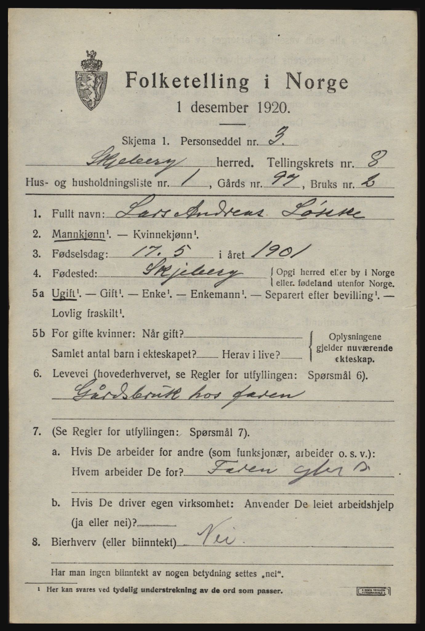 SAO, 1920 census for Skjeberg, 1920, p. 7887