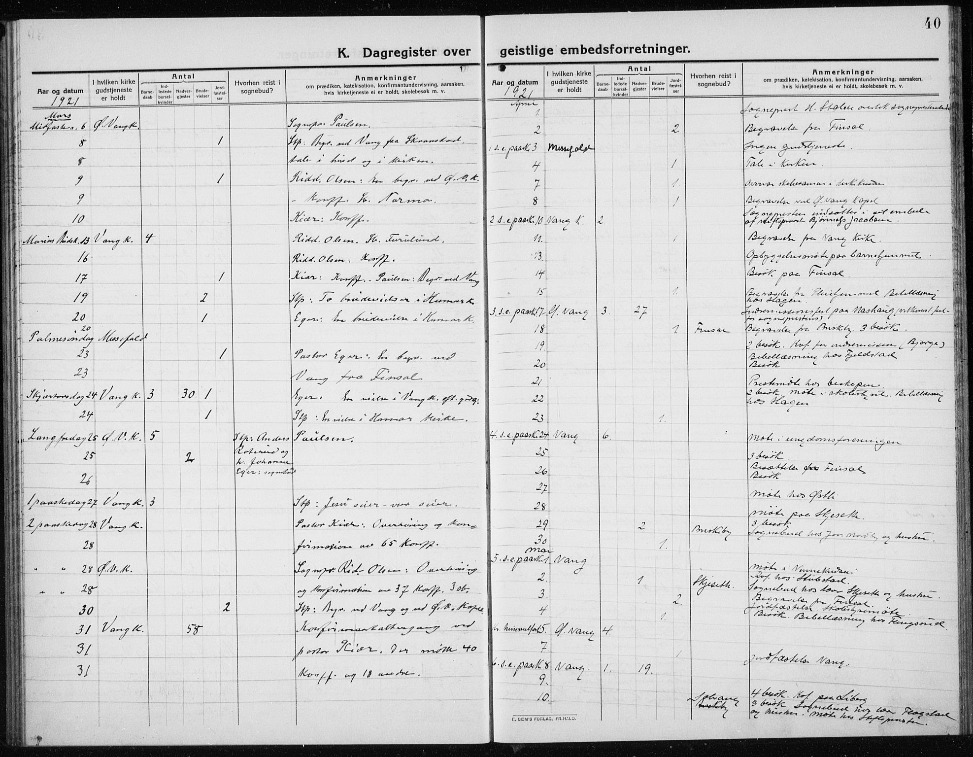 Vang prestekontor, Hedmark, AV/SAH-PREST-008/H/Ha/Haa/L0020: Parish register (official) no. 20, 1911-1926, p. 40