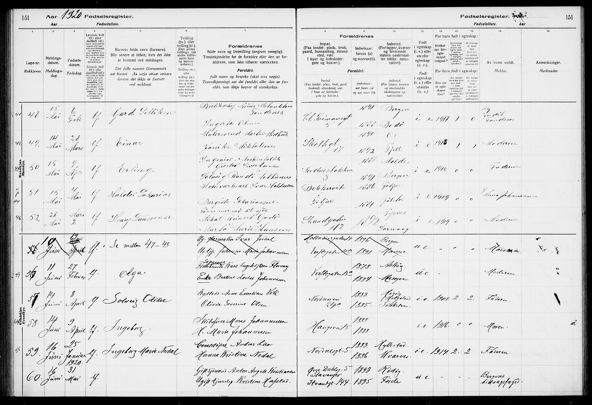 Nykirken Sokneprestembete, SAB/A-77101/I/Id/L00A1: Birth register no. A 1, 1916-1922, p. 151