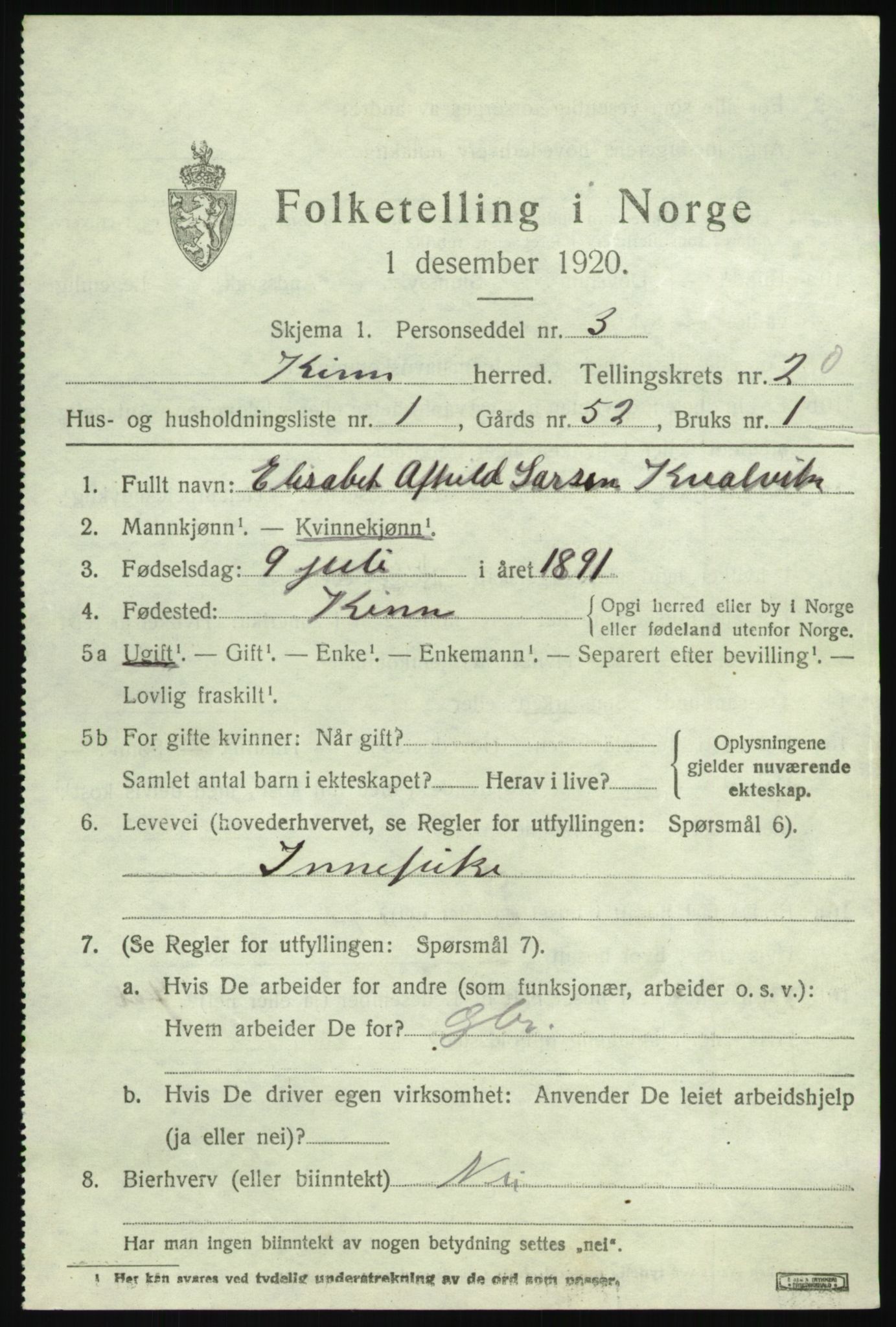 SAB, 1920 census for Kinn, 1920, p. 7157