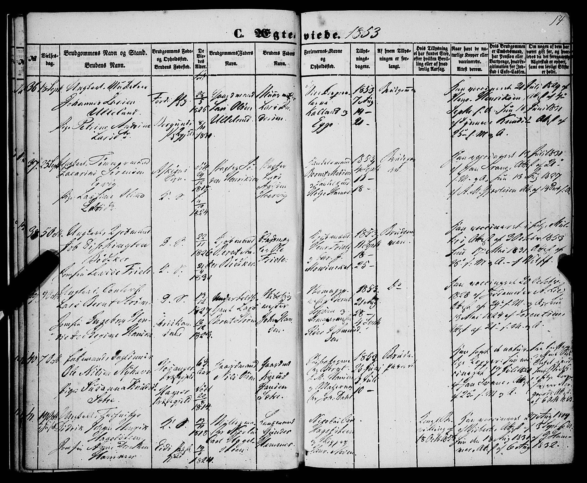 Korskirken sokneprestembete, SAB/A-76101/H/Haa/L0035: Parish register (official) no. D 2, 1852-1867, p. 14