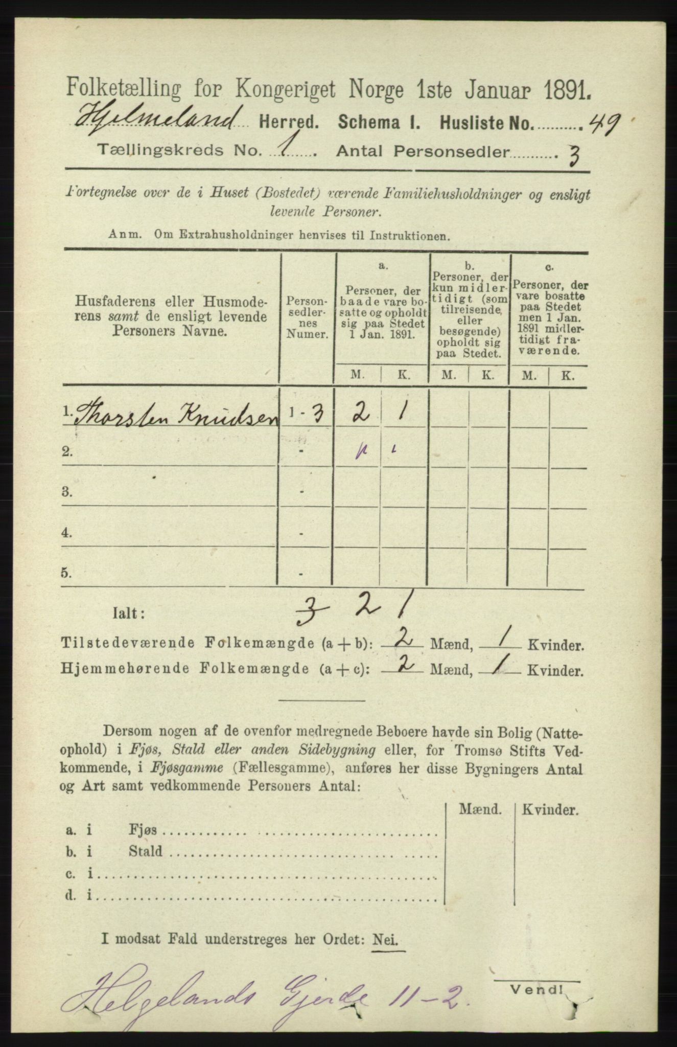 RA, 1891 census for 1133 Hjelmeland, 1891, p. 71