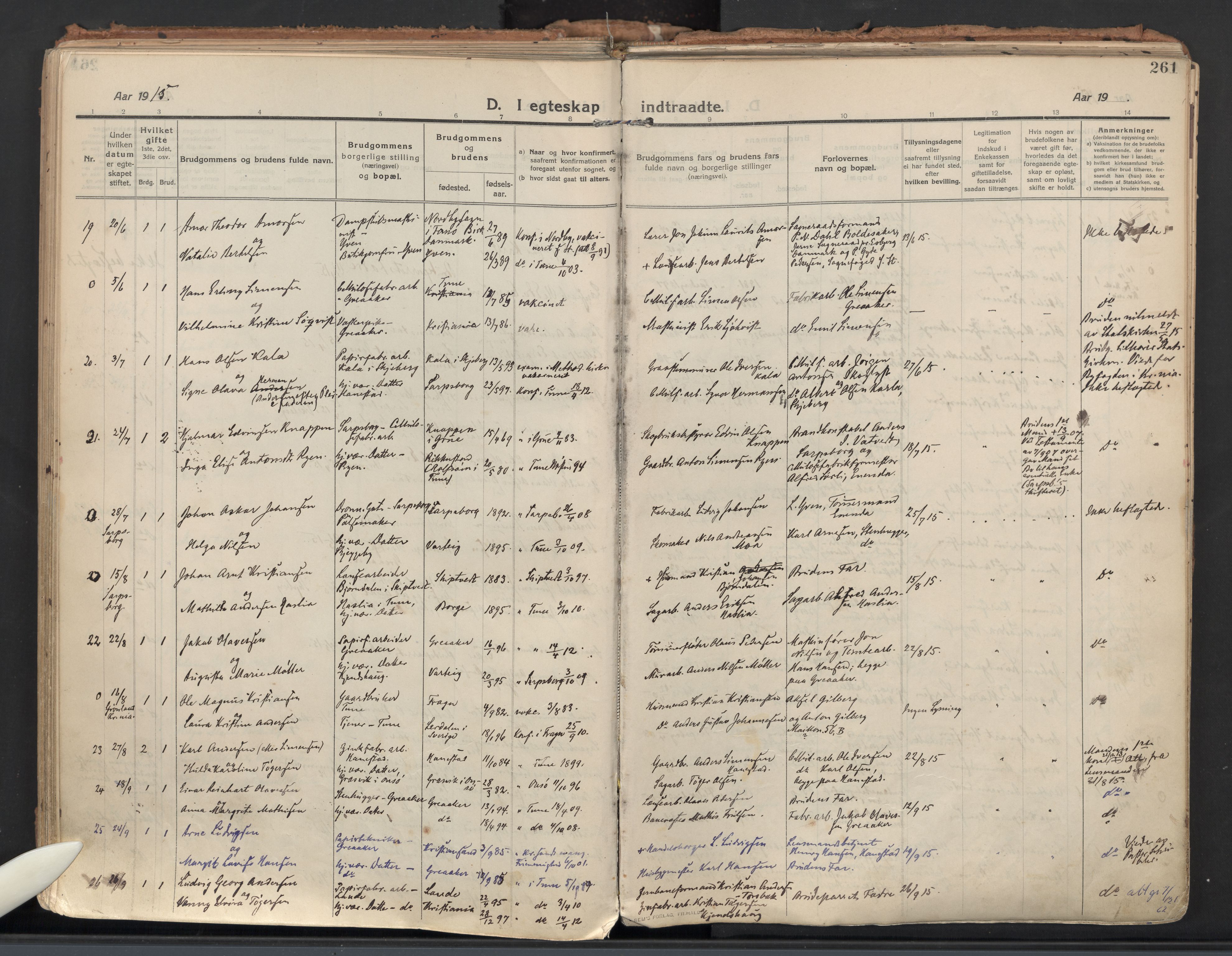 Tune prestekontor Kirkebøker, AV/SAO-A-2007/F/Fa/L0021: Parish register (official) no. 21, 1910-1916, p. 261