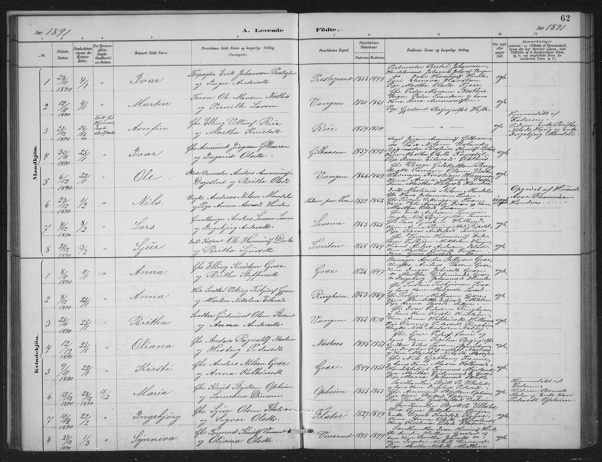 Voss sokneprestembete, SAB/A-79001/H/Hab: Parish register (copy) no. C 1, 1886-1899, p. 62