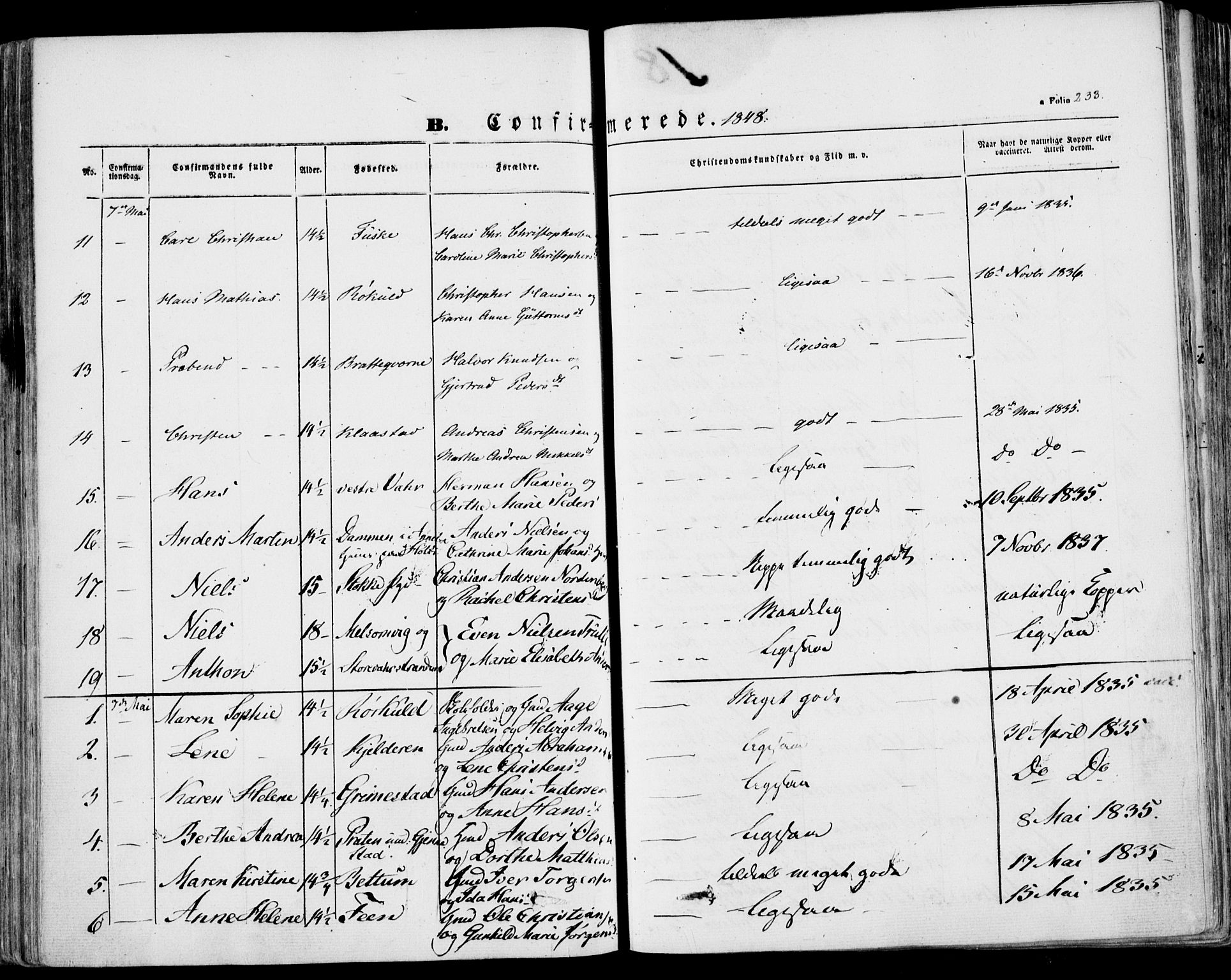 Stokke kirkebøker, AV/SAKO-A-320/F/Fa/L0007: Parish register (official) no. I 7, 1844-1857, p. 233