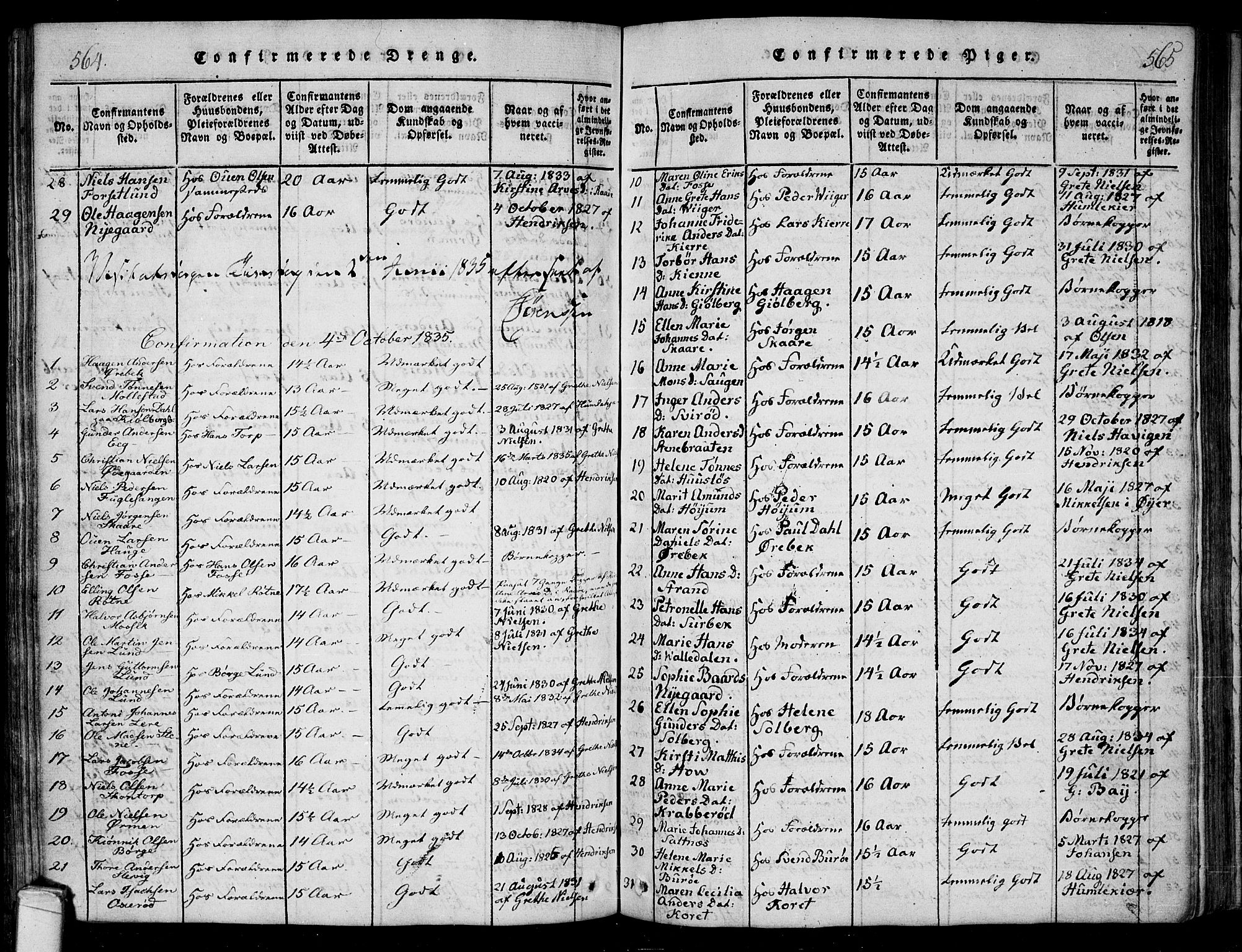 Onsøy prestekontor Kirkebøker, SAO/A-10914/F/Fa/L0002: Parish register (official) no. I 2, 1814-1840, p. 564-565