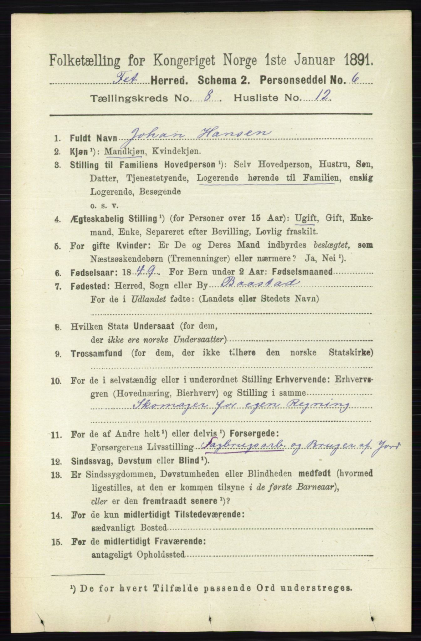 RA, 1891 census for 0227 Fet, 1891, p. 3114