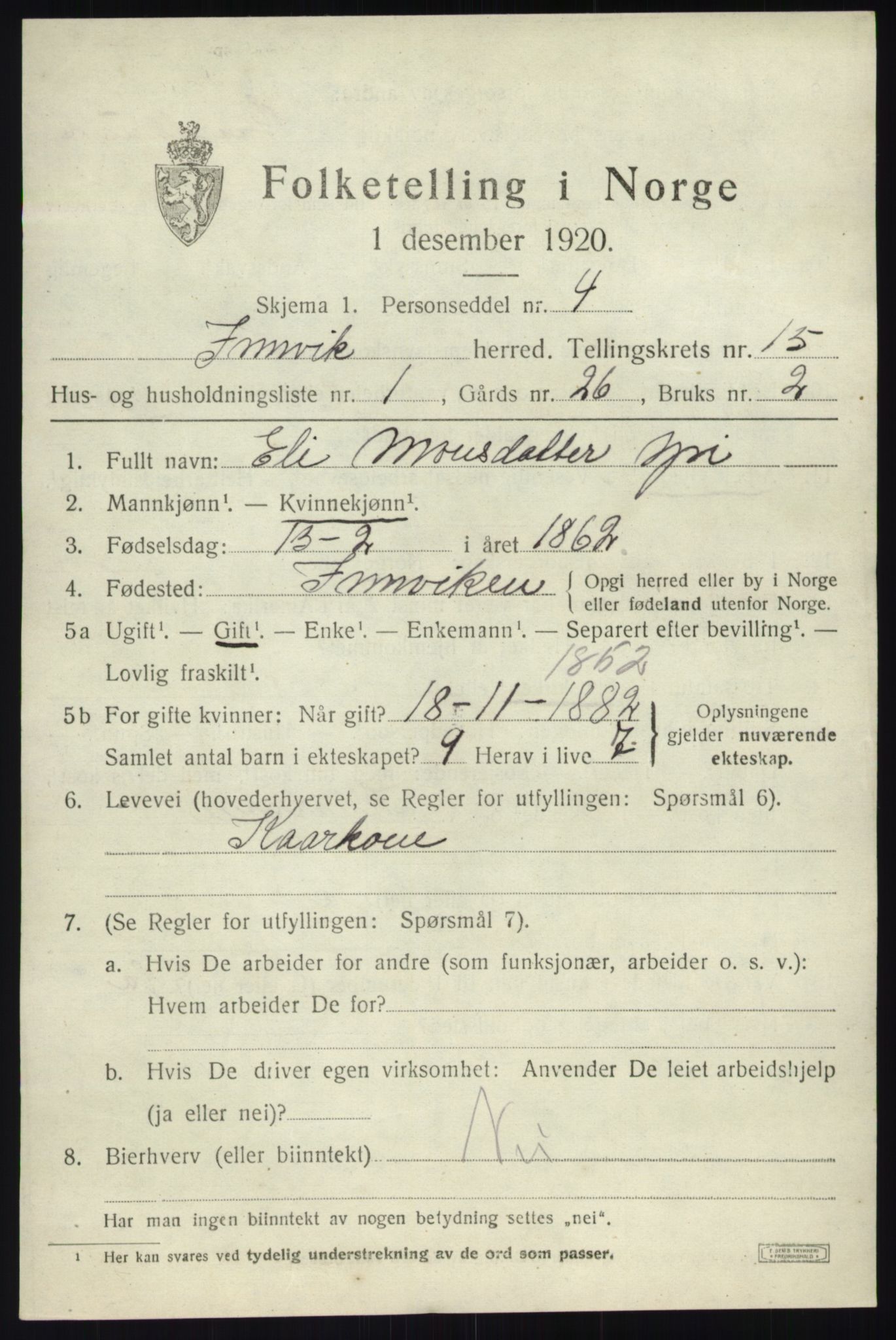 SAB, 1920 census for Innvik, 1920, p. 6119