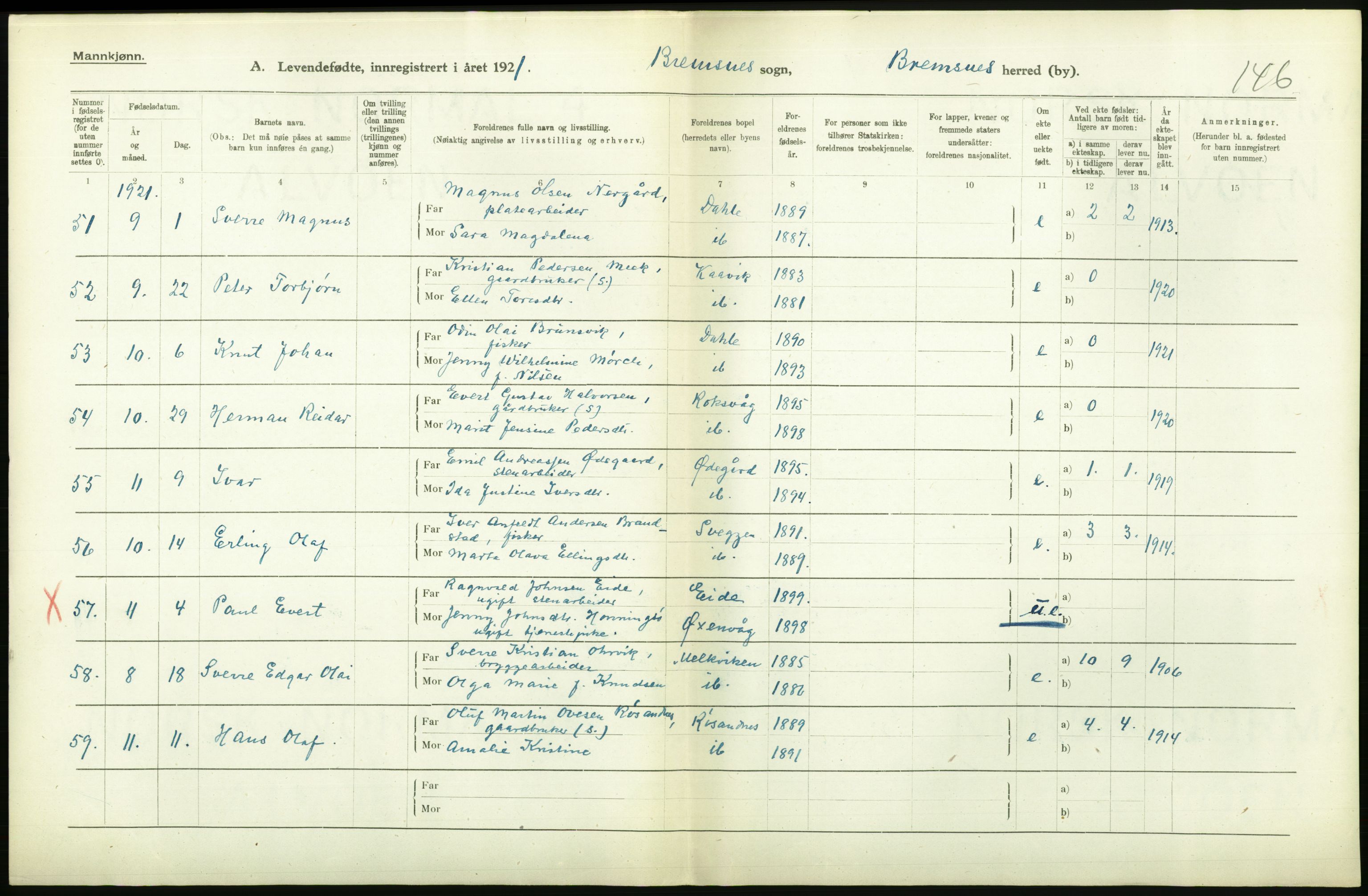 Statistisk sentralbyrå, Sosiodemografiske emner, Befolkning, RA/S-2228/D/Df/Dfc/Dfca/L0040: Møre fylke: Levendefødte menn og kvinner. Bygder., 1921, p. 542