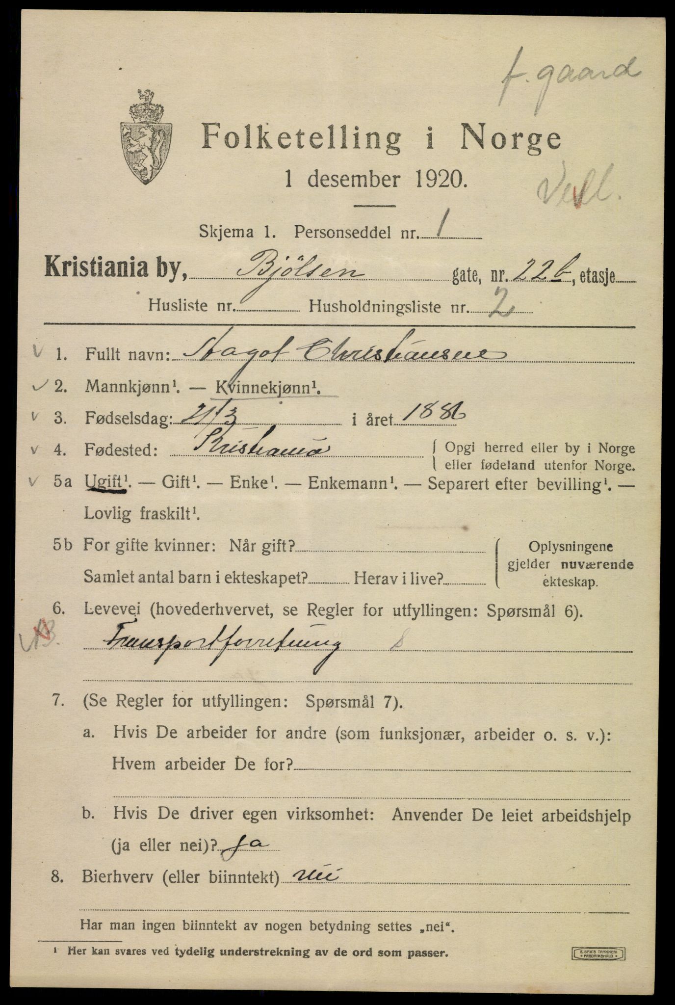 SAO, 1920 census for Kristiania, 1920, p. 163495