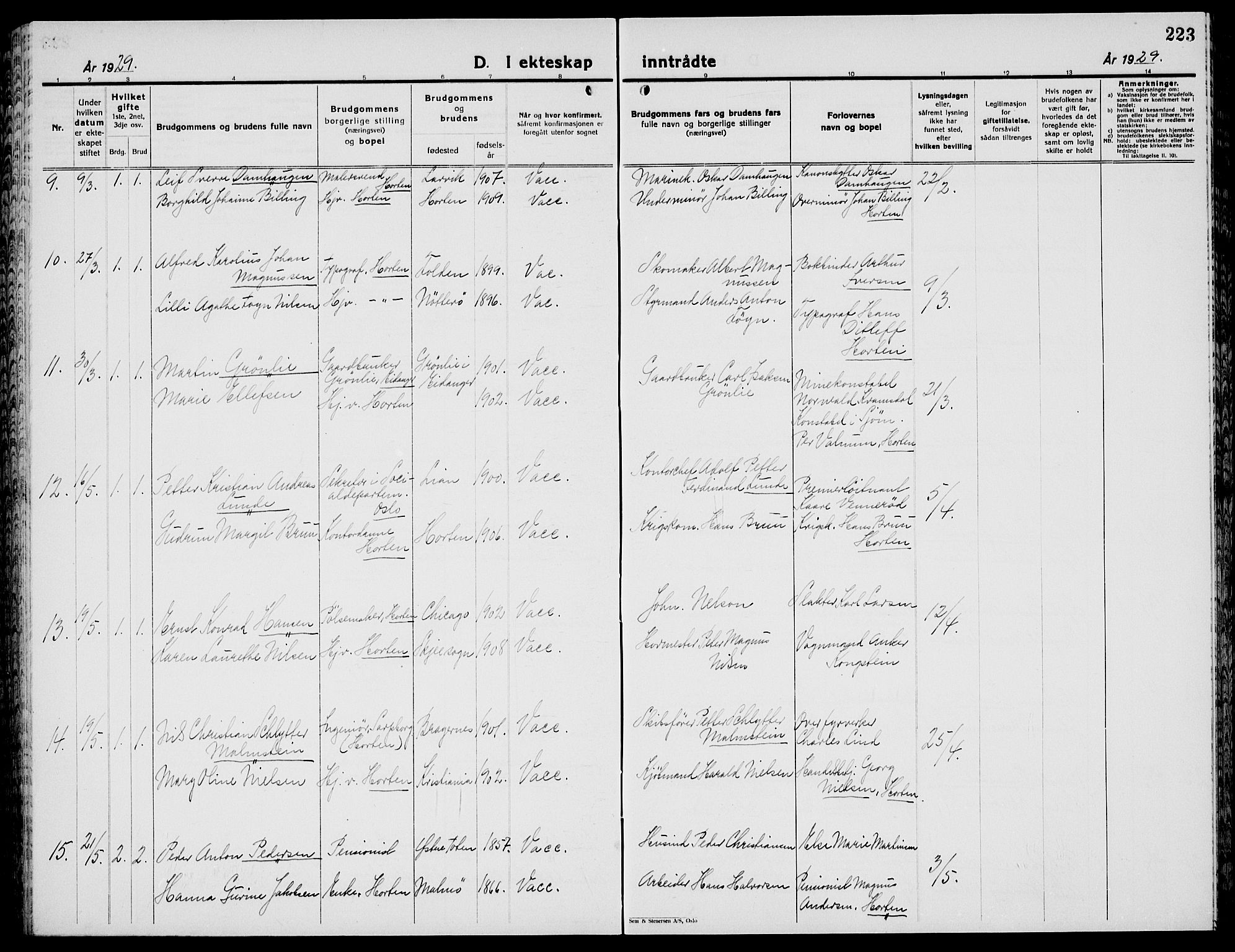 Horten kirkebøker, AV/SAKO-A-348/G/Ga/L0009: Parish register (copy) no. 9, 1926-1936, p. 223