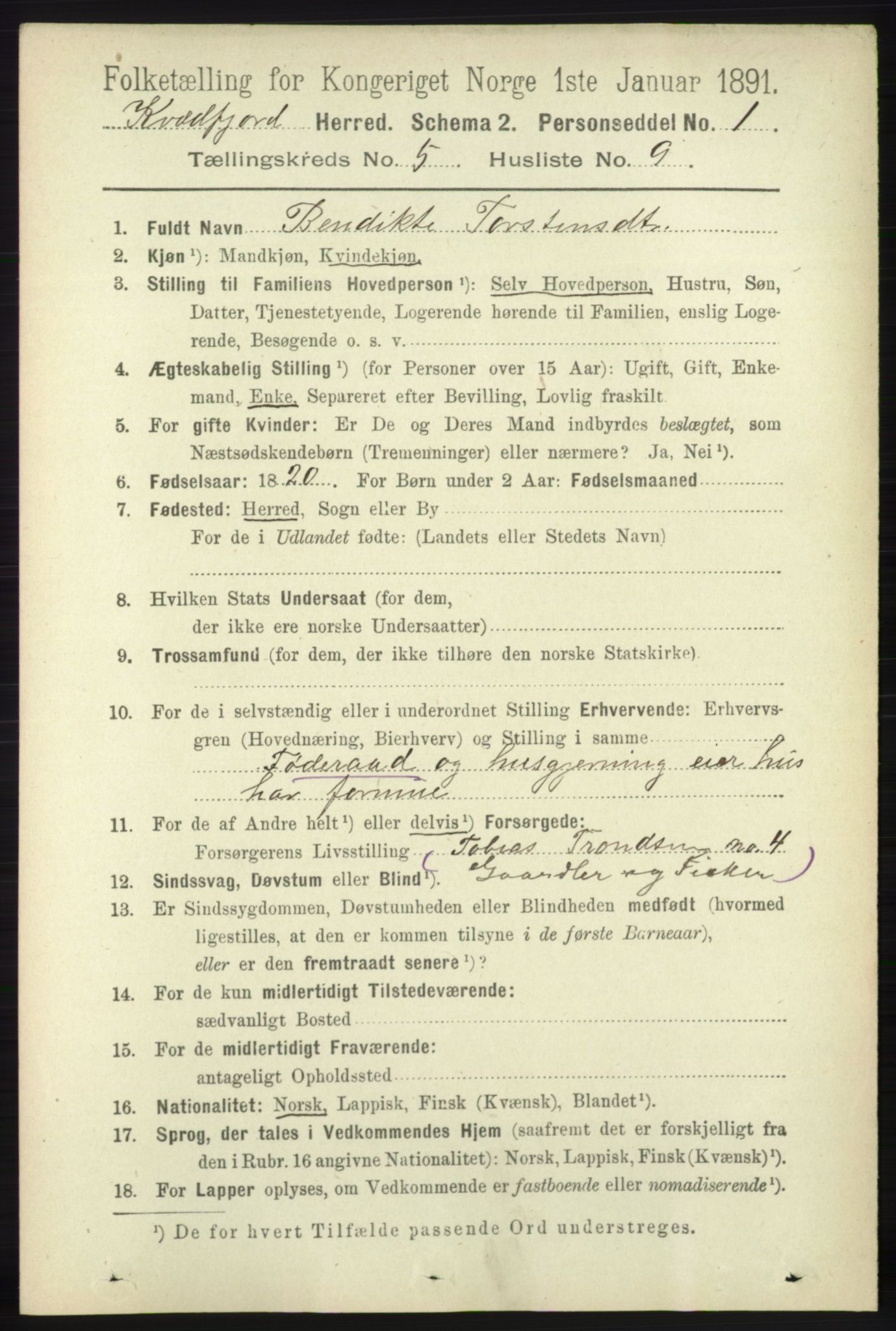 RA, 1891 census for 1911 Kvæfjord, 1891, p. 2915