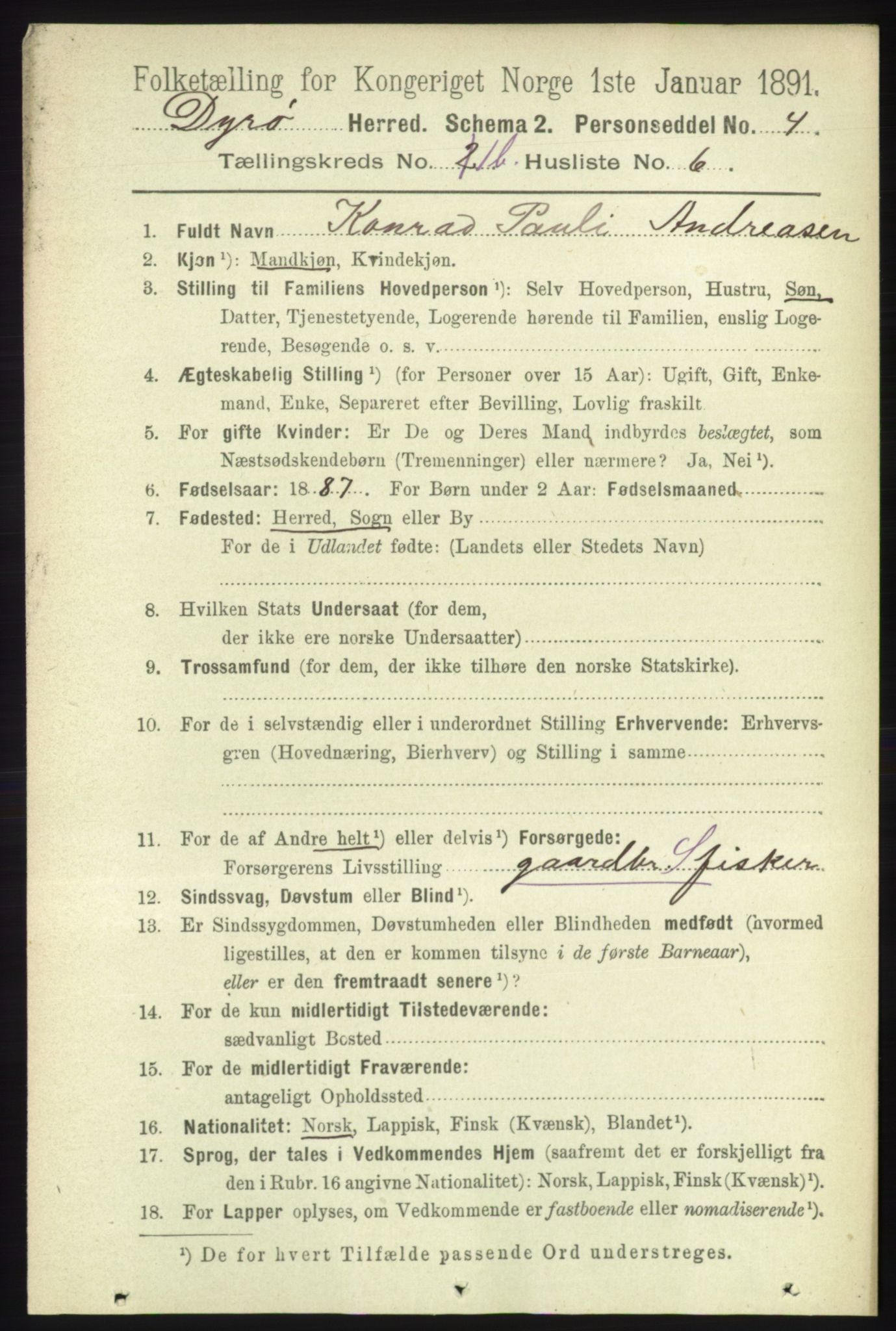 RA, 1891 census for 1926 Dyrøy, 1891, p. 421