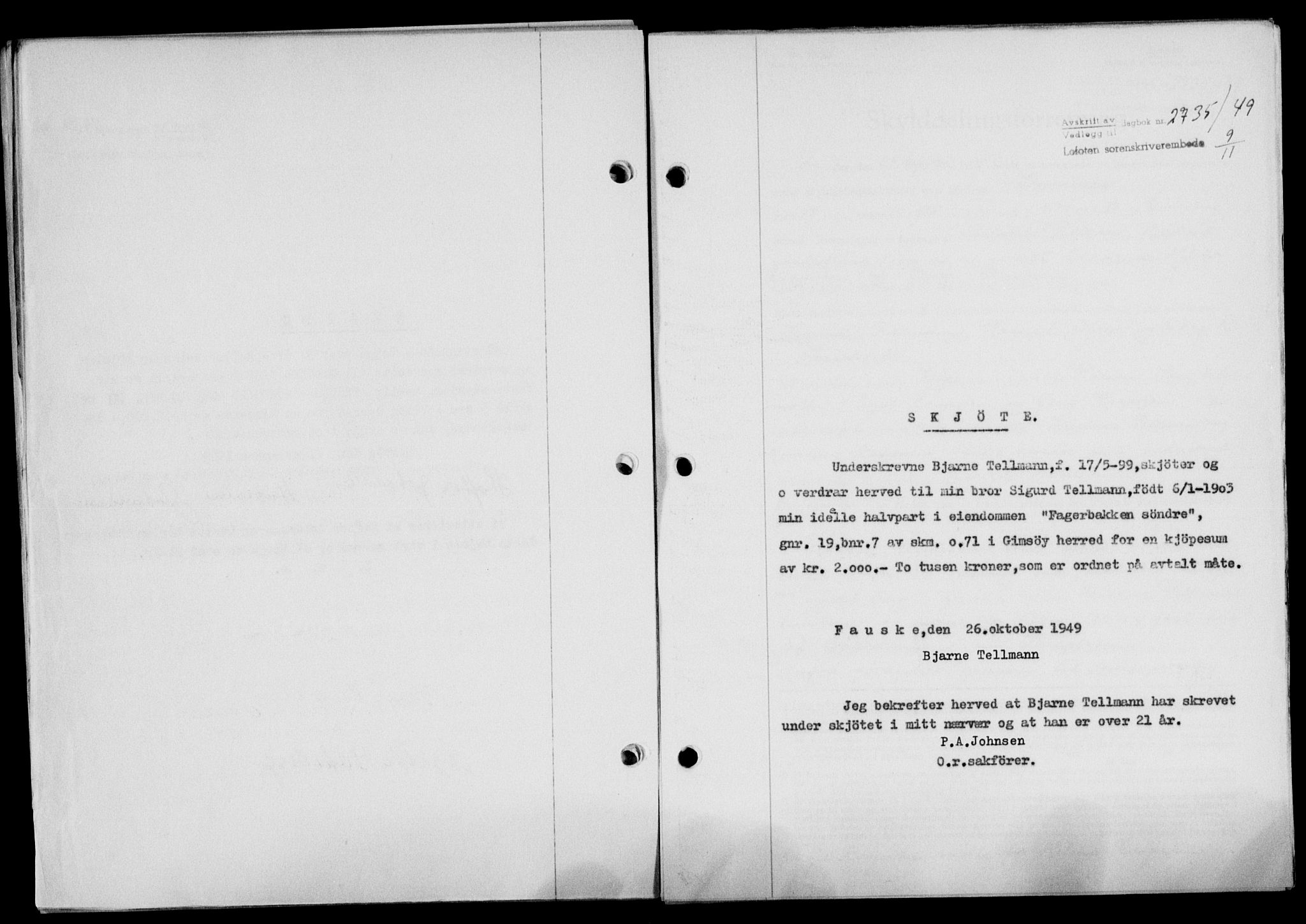 Lofoten sorenskriveri, SAT/A-0017/1/2/2C/L0022a: Mortgage book no. 22a, 1949-1950, Diary no: : 2735/1949