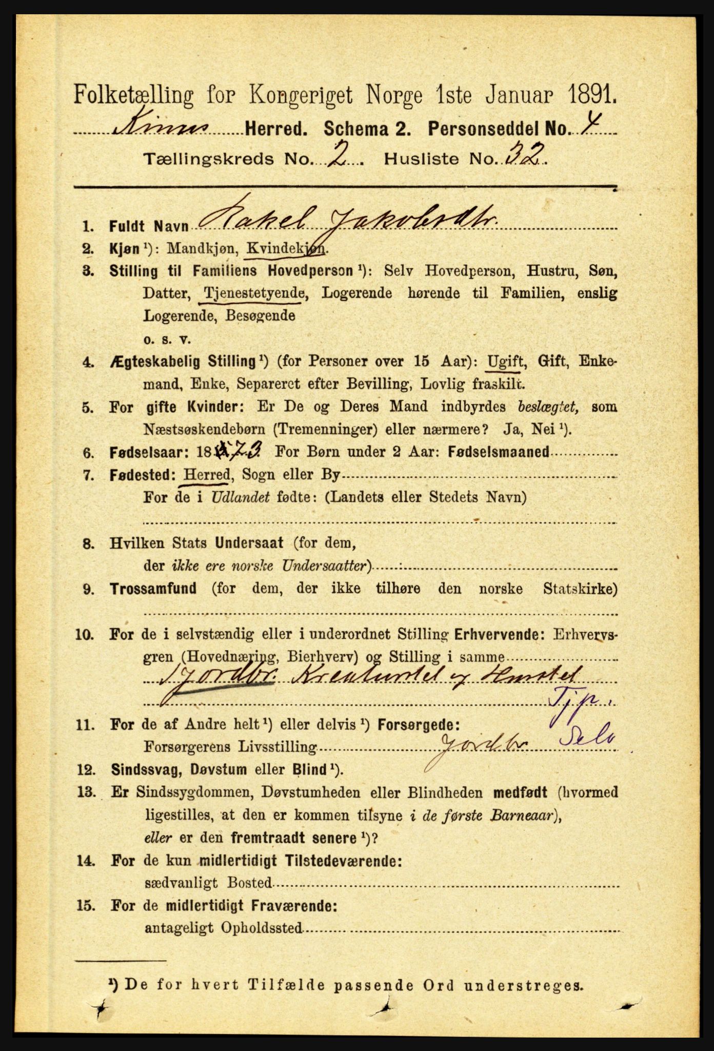 RA, 1891 census for 1437 Kinn, 1891, p. 737