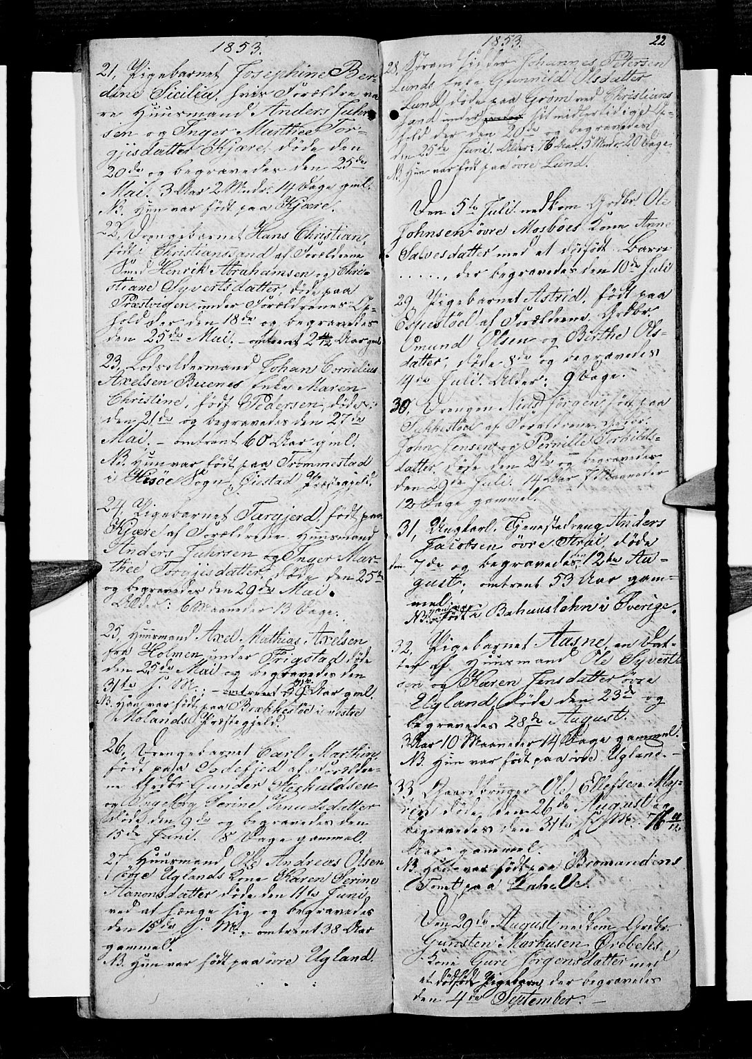 Oddernes sokneprestkontor, AV/SAK-1111-0033/F/Fb/Fba/L0005: Parish register (copy) no. B 5, 1846-1859, p. 22