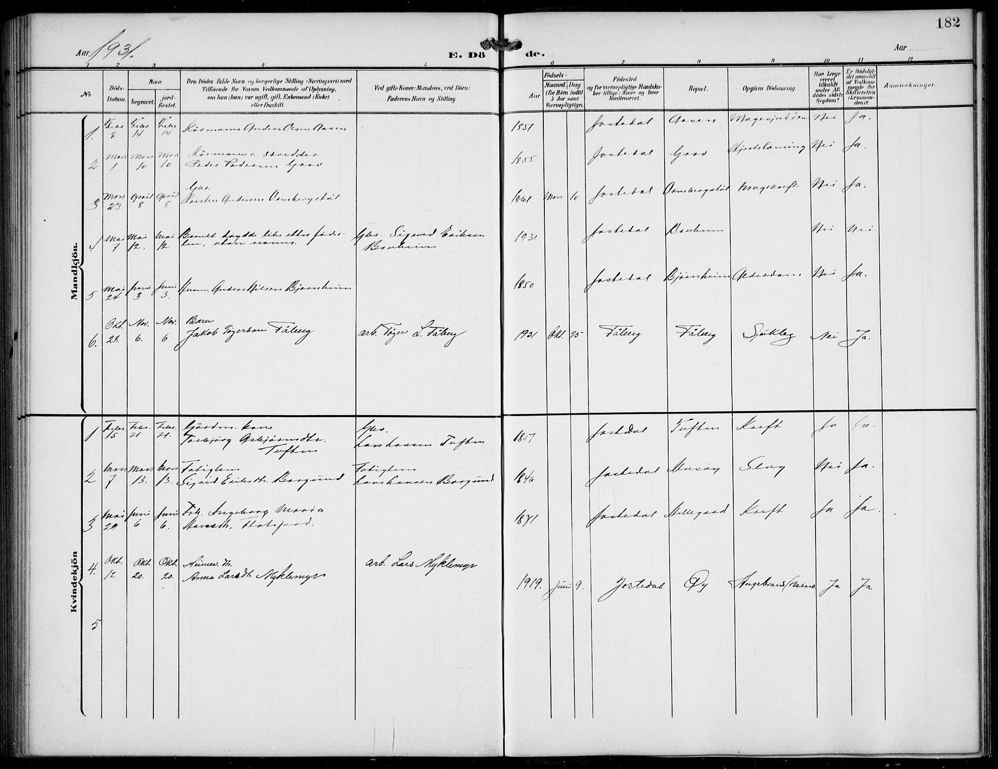 Jostedal sokneprestembete, AV/SAB-A-80601/H/Hab/Haba/L0002: Parish register (copy) no. A 2, 1907-1931, p. 182