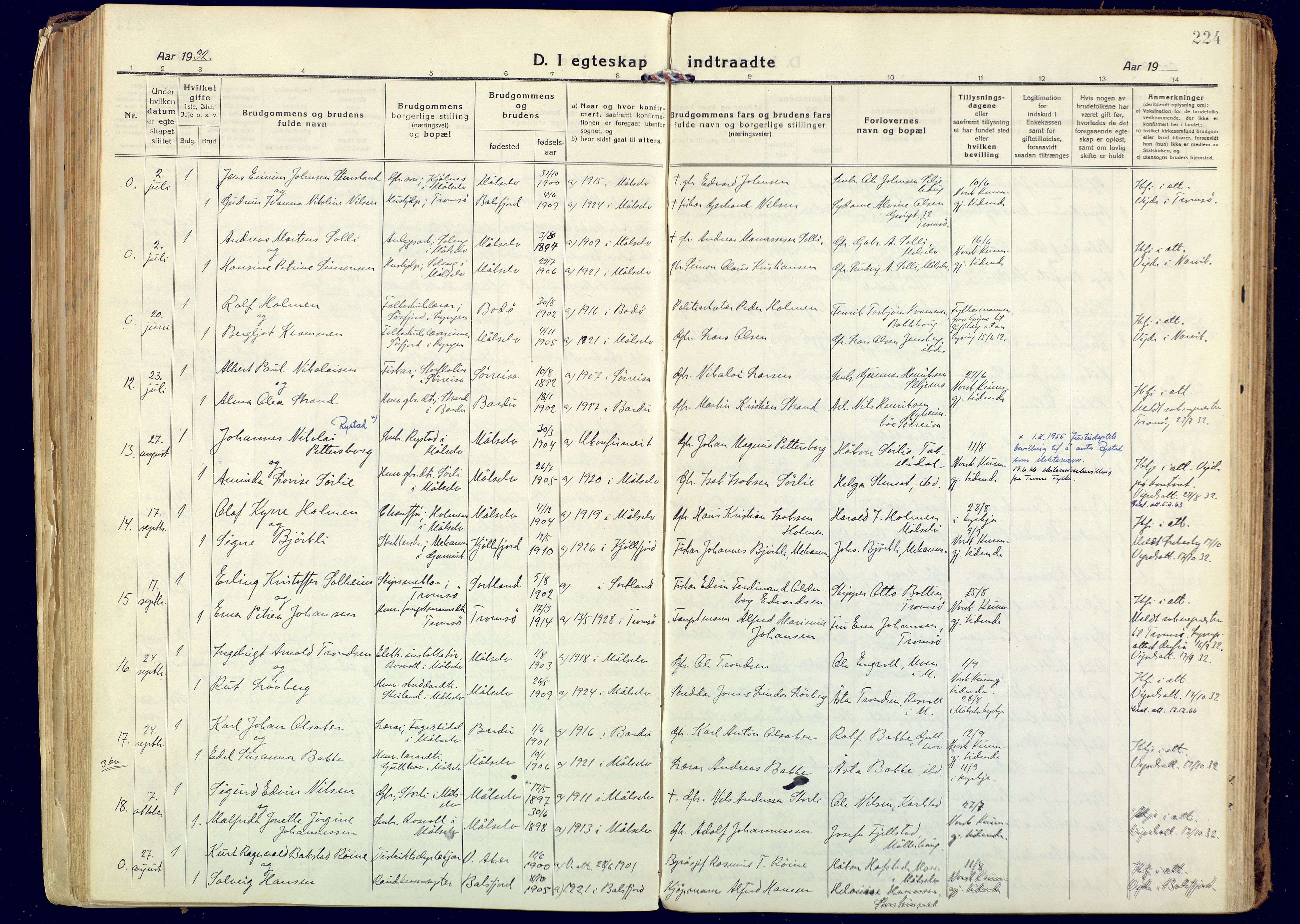 Målselv sokneprestembete, AV/SATØ-S-1311/G/Ga/Gaa/L0014kirke: Parish register (official) no. 14, 1919-1932, p. 224