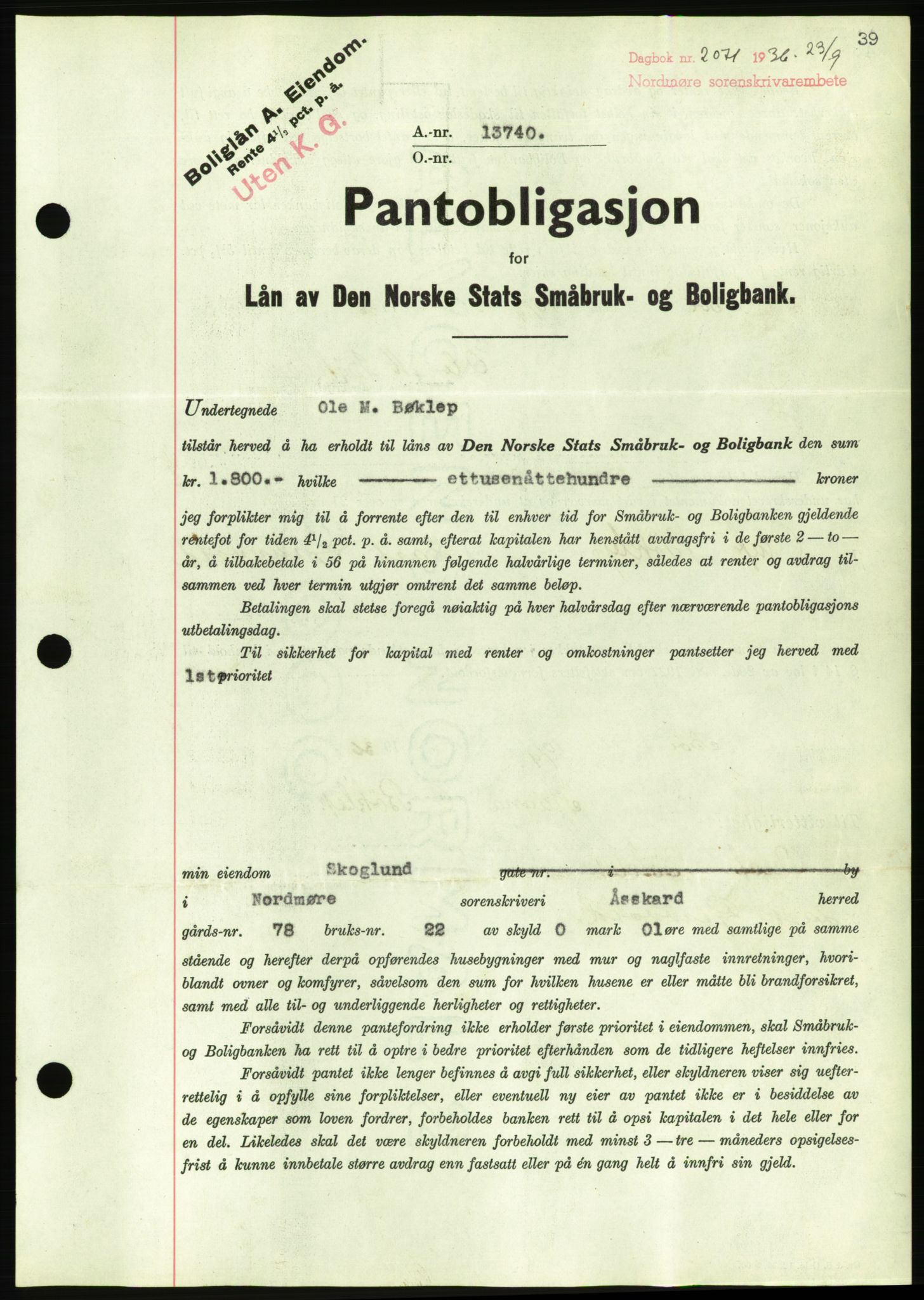 Nordmøre sorenskriveri, AV/SAT-A-4132/1/2/2Ca/L0090: Mortgage book no. B80, 1936-1937, Diary no: : 2071/1936