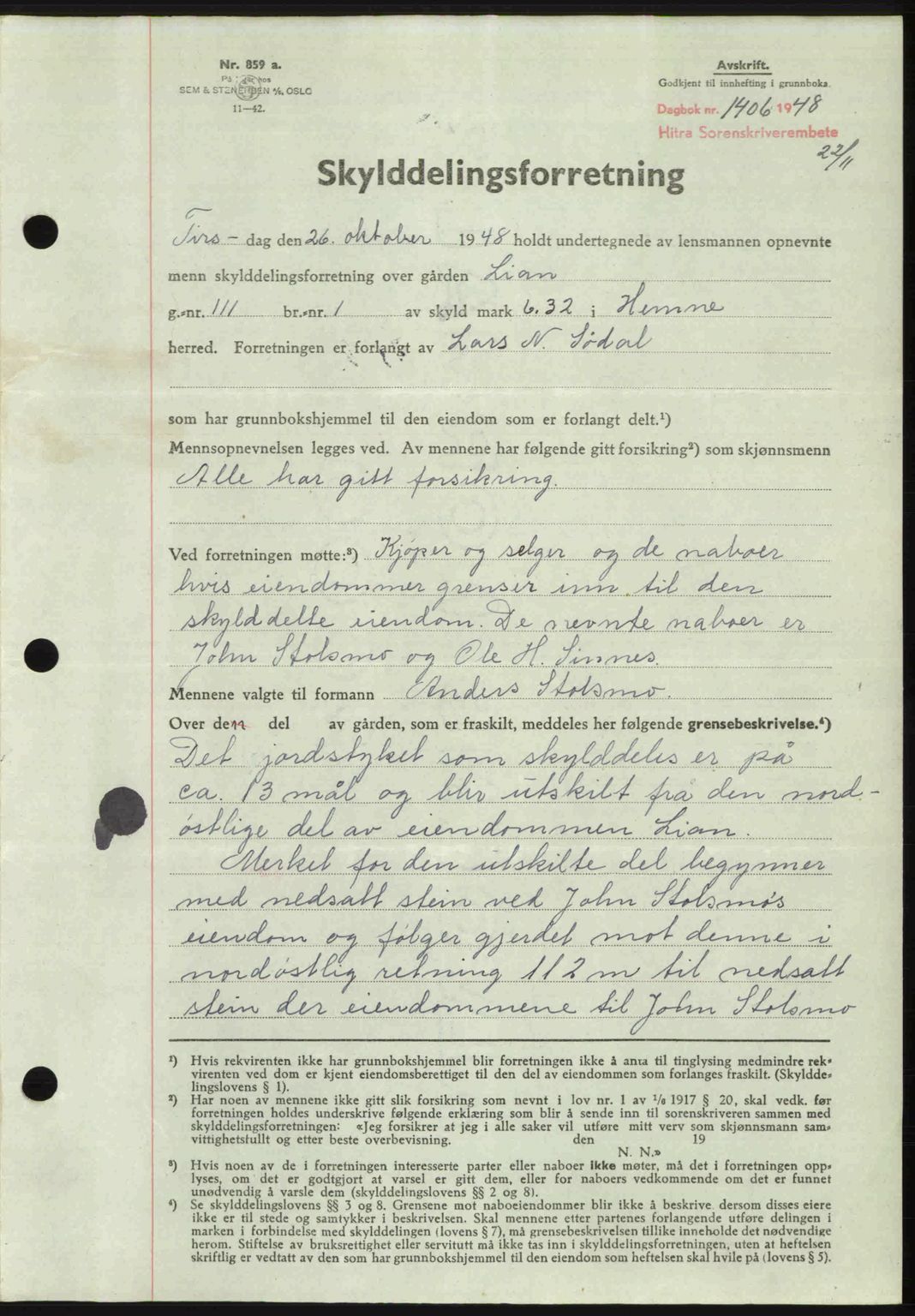 Hitra sorenskriveri, AV/SAT-A-0018/2/2C/2Ca: Mortgage book no. A, 1947-1948, Diary no: : 1406/1948