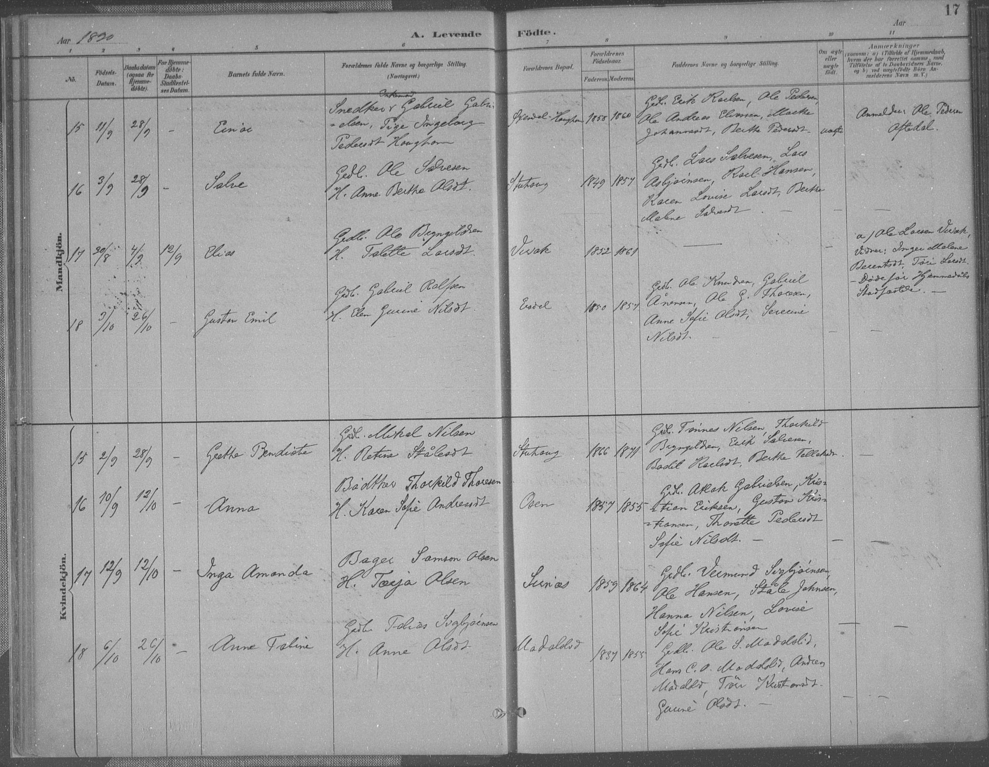 Bakke sokneprestkontor, AV/SAK-1111-0002/F/Fa/Faa/L0008: Parish register (official) no. A 8, 1887-1911, p. 17