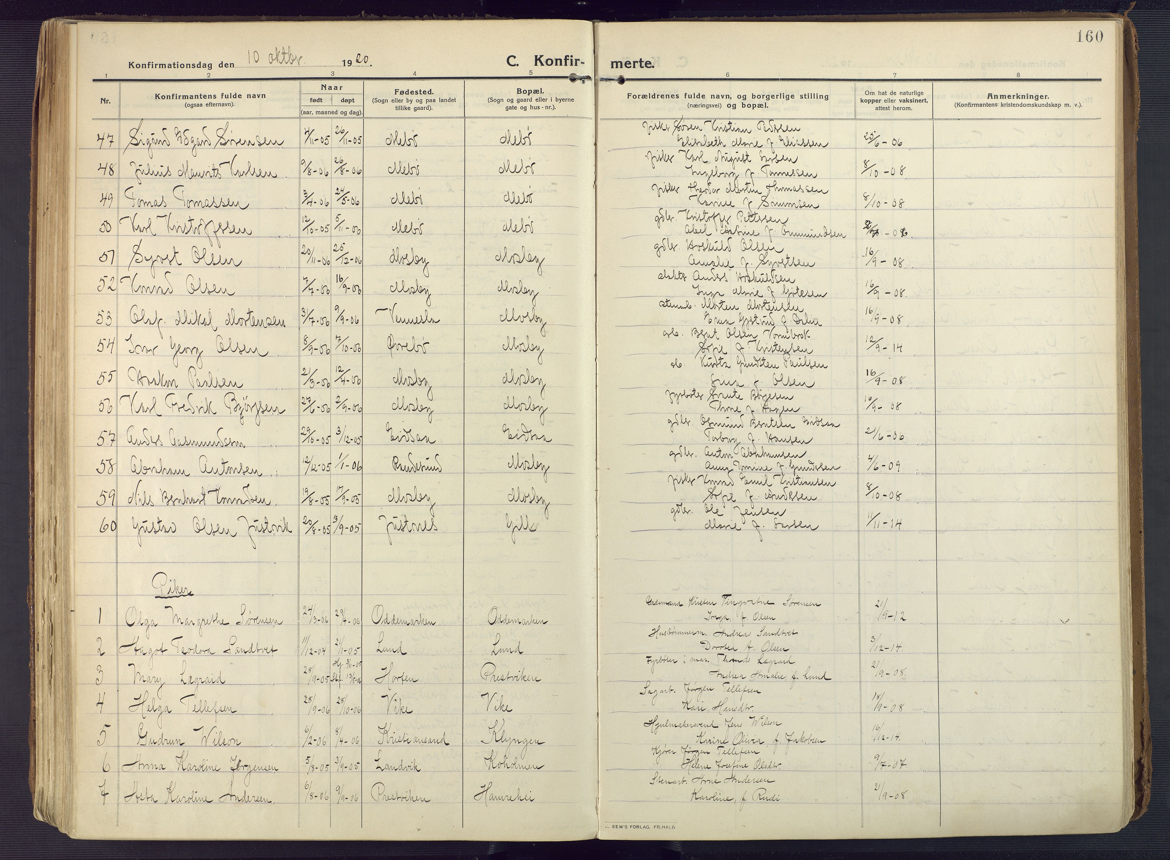 Oddernes sokneprestkontor, AV/SAK-1111-0033/F/Fa/Faa/L0012: Parish register (official) no. A 12, 1912-1925, p. 160