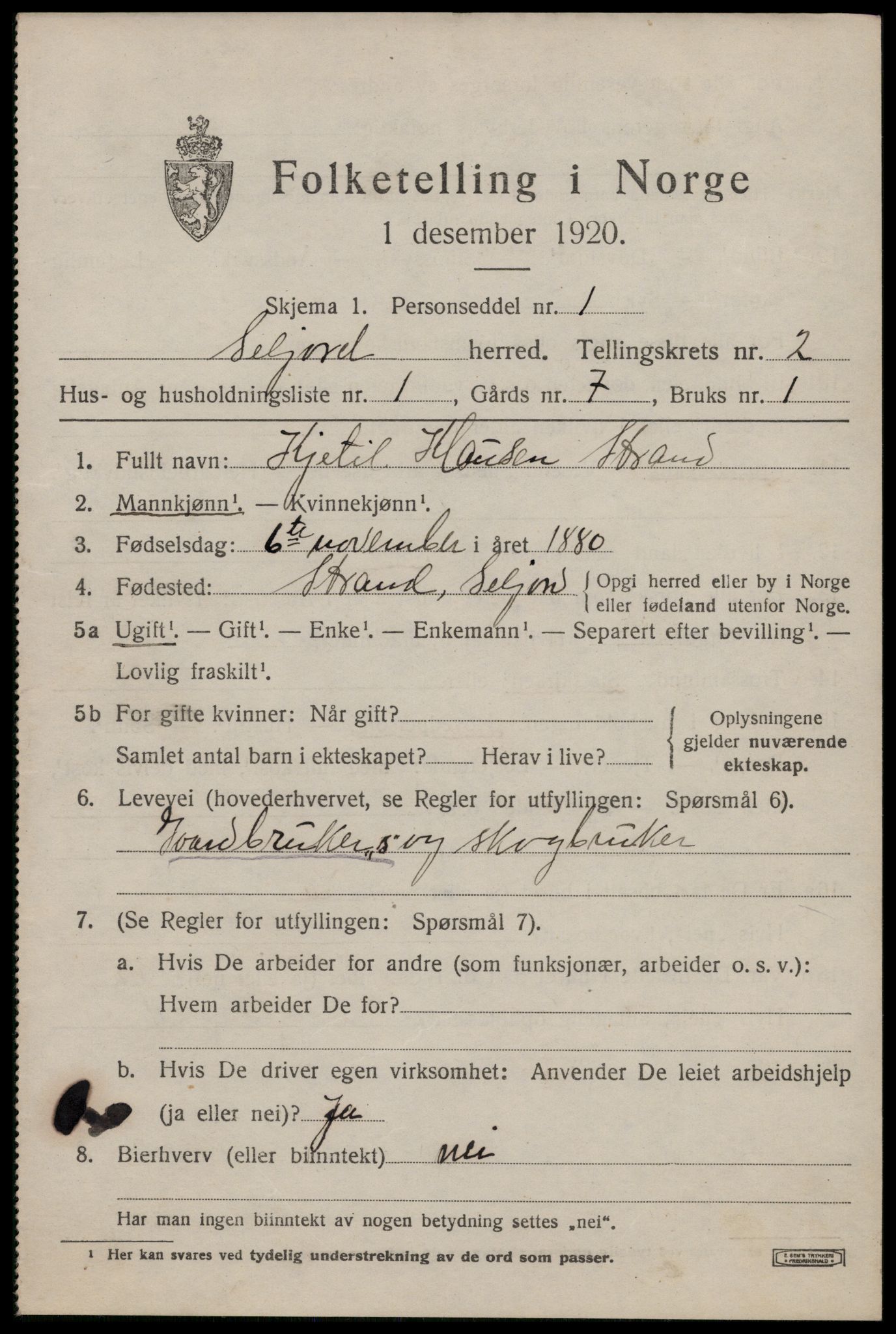 SAKO, 1920 census for Seljord, 1920, p. 1516