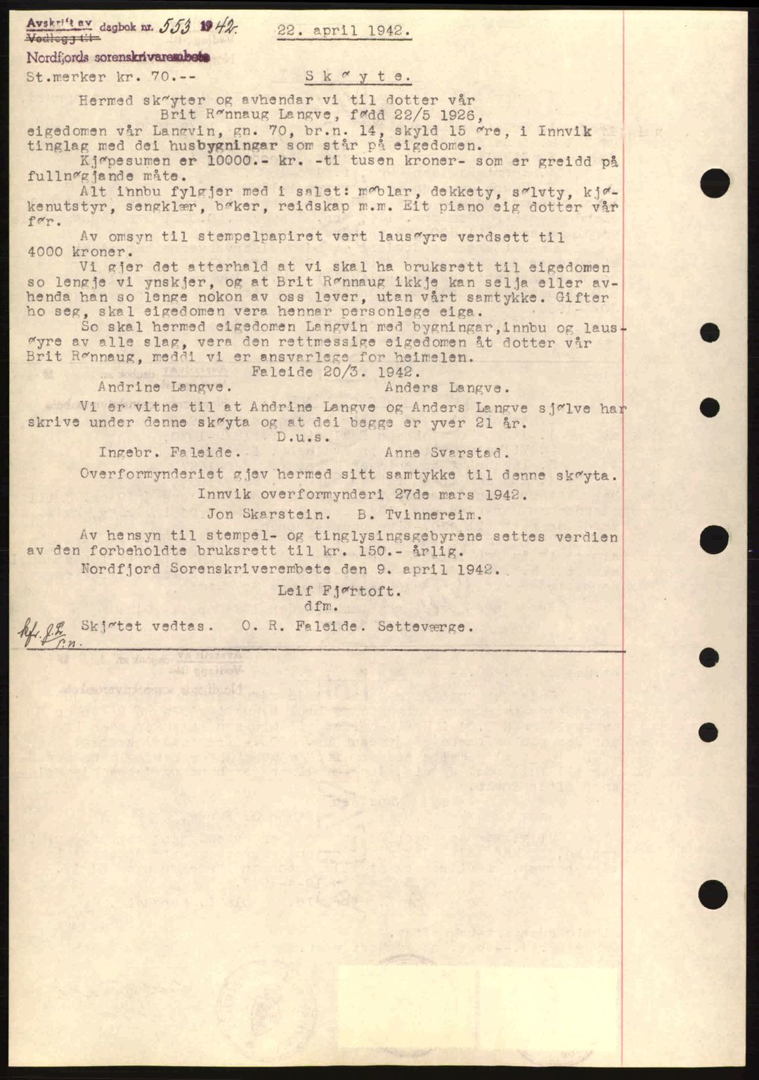 Nordfjord sorenskriveri, SAB/A-2801/02/02b/02bj/L0007: Mortgage book no. A7, 1941-1943, Diary no: : 543/1942