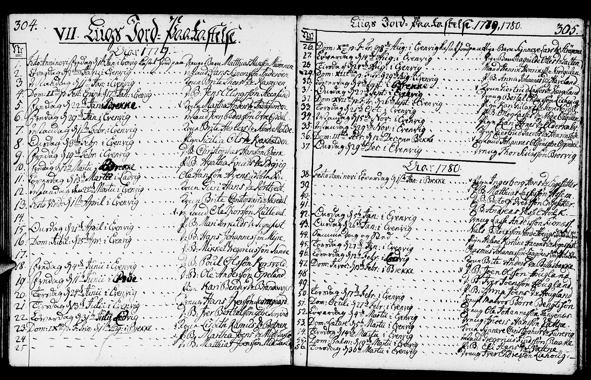 Gulen sokneprestembete, SAB/A-80201/H/Haa/Haaa/L0014: Parish register (official) no. A 14, 1779-1788, p. 304-305