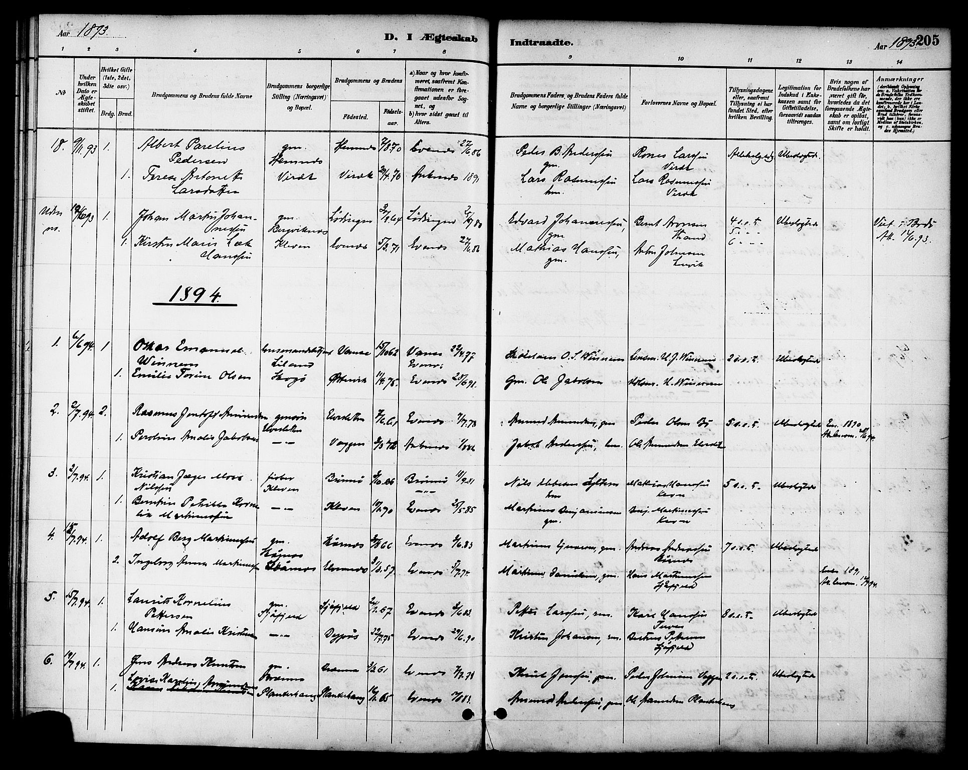 Ministerialprotokoller, klokkerbøker og fødselsregistre - Nordland, AV/SAT-A-1459/863/L0898: Parish register (official) no. 863A10, 1886-1897, p. 205