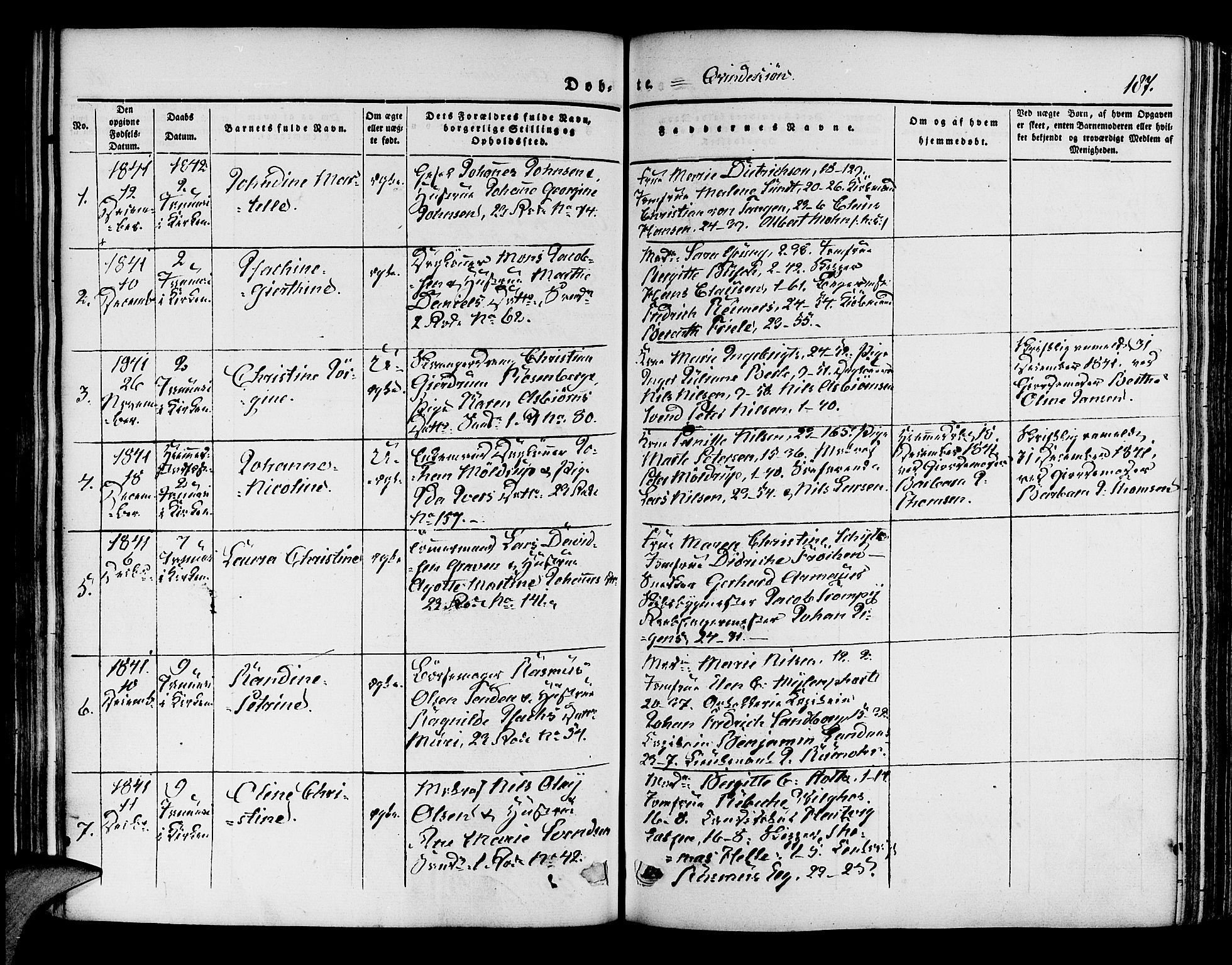Korskirken sokneprestembete, SAB/A-76101/H/Hab: Parish register (copy) no. B 1, 1839-1847, p. 187