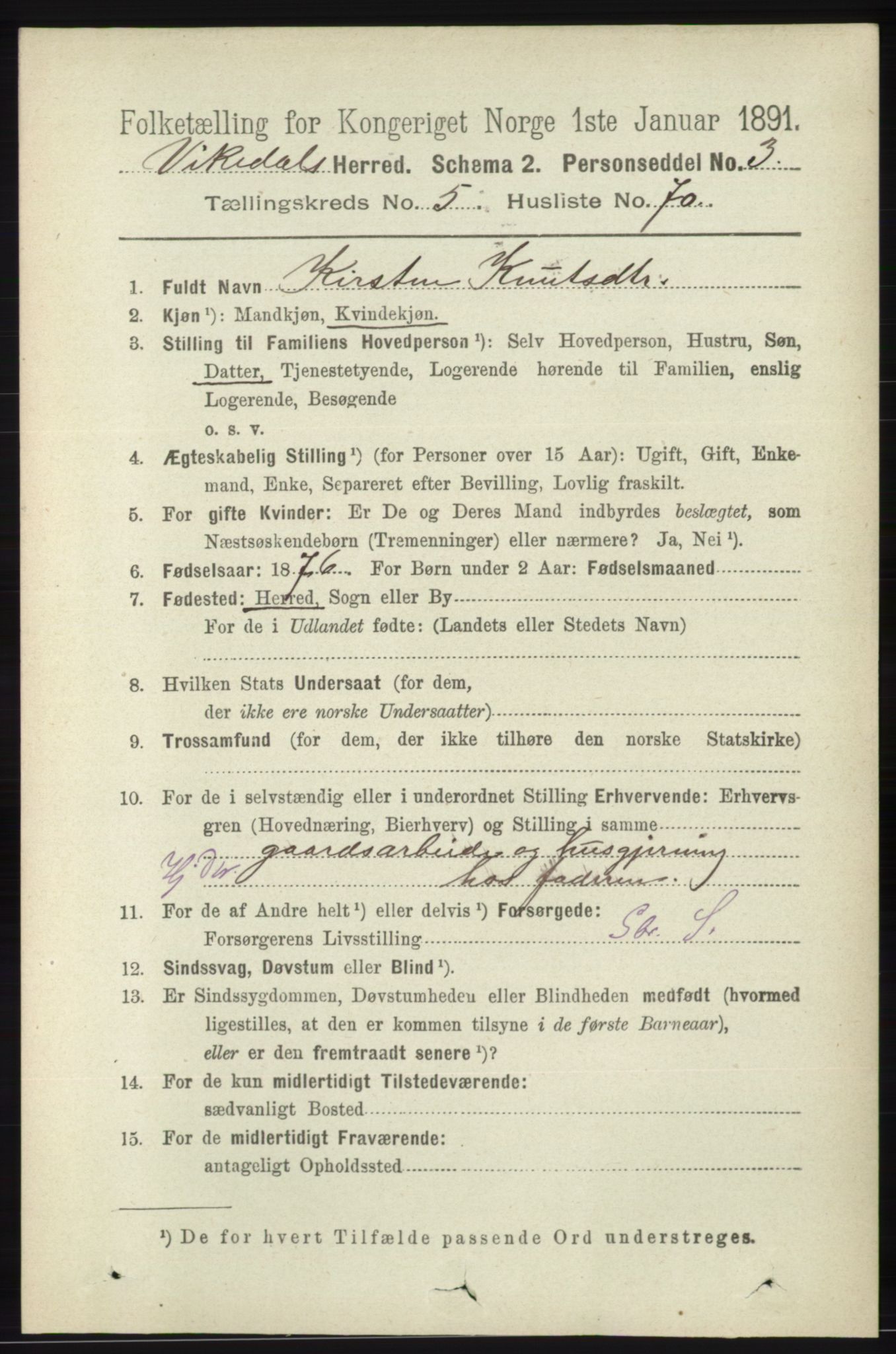 RA, 1891 census for 1157 Vikedal, 1891, p. 1483