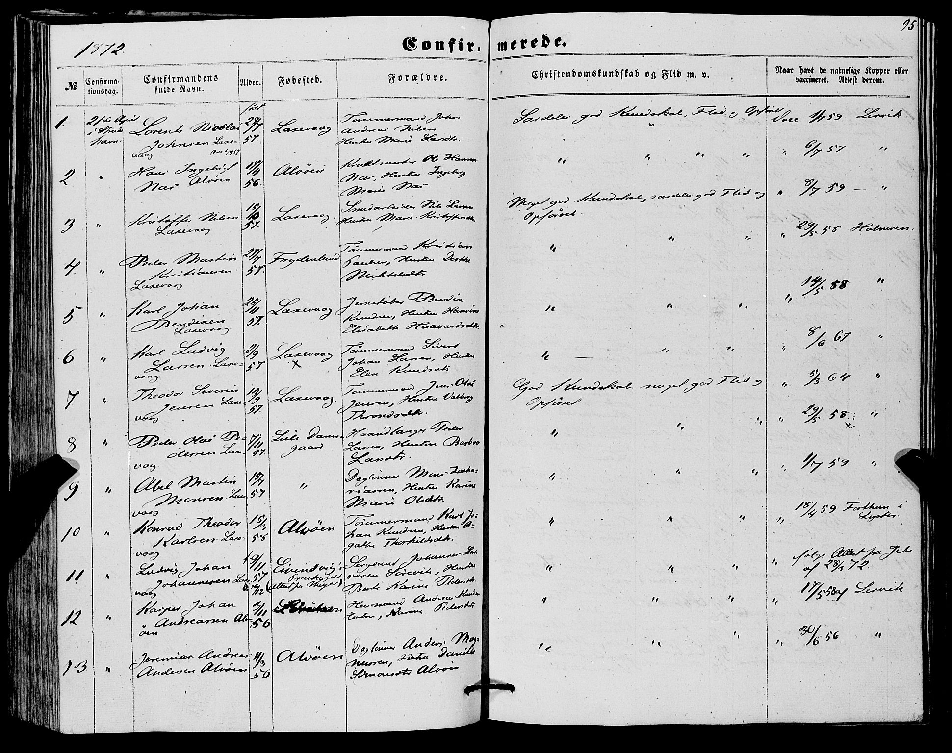 Askøy Sokneprestembete, SAB/A-74101/H/Ha/Haa/Haaa/L0012: Parish register (official) no. A 12, 1855-1877, p. 95