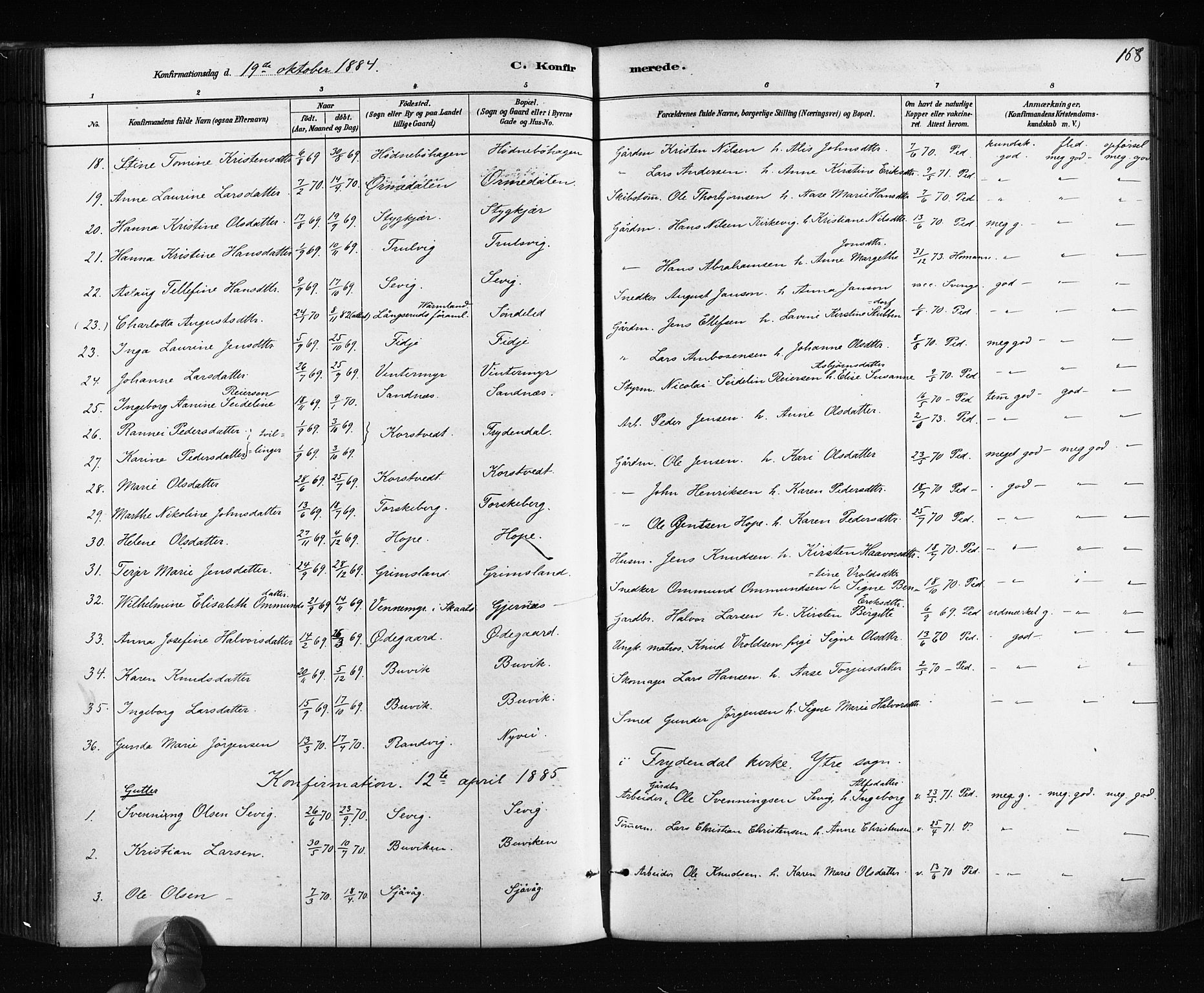 Søndeled sokneprestkontor, AV/SAK-1111-0038/F/Fa/L0004: Parish register (official) no. A 4, 1880-1889, p. 168