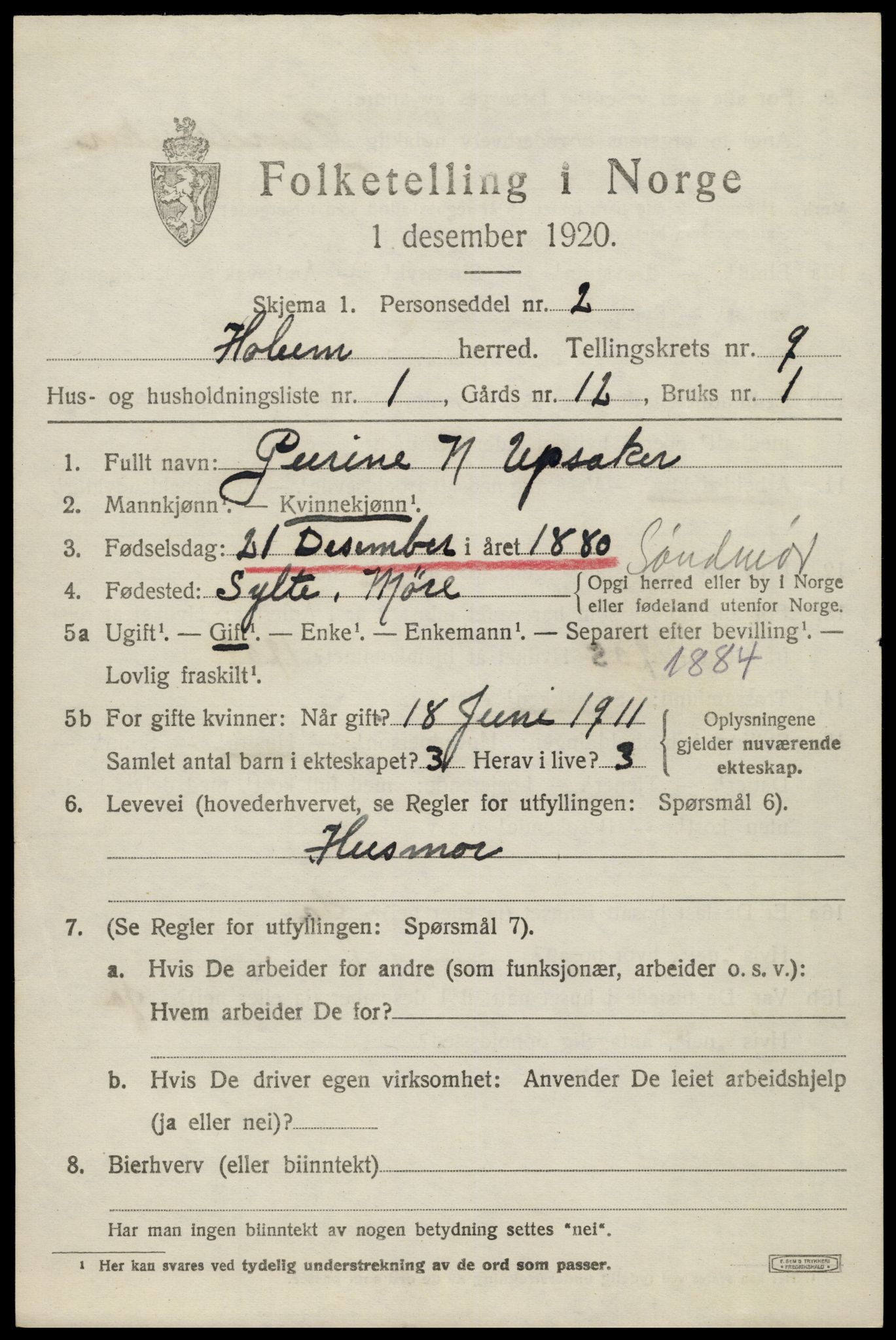 SAK, 1920 census for Holum, 1920, p. 2645