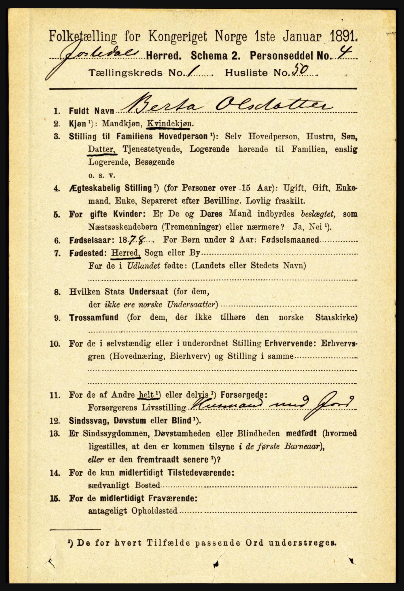 RA, 1891 census for 1427 Jostedal, 1891, p. 447