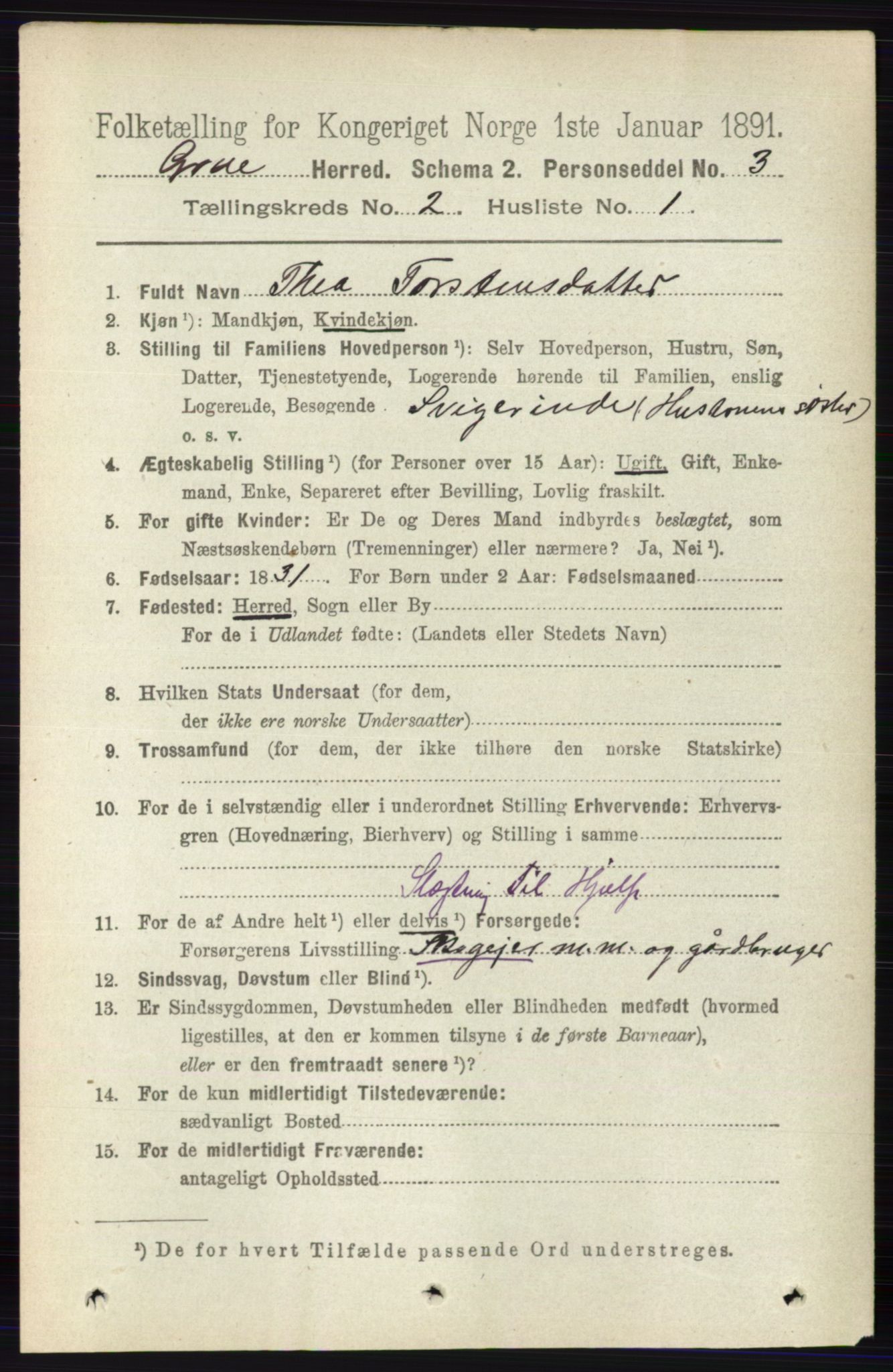 RA, 1891 census for 0423 Grue, 1891, p. 1074