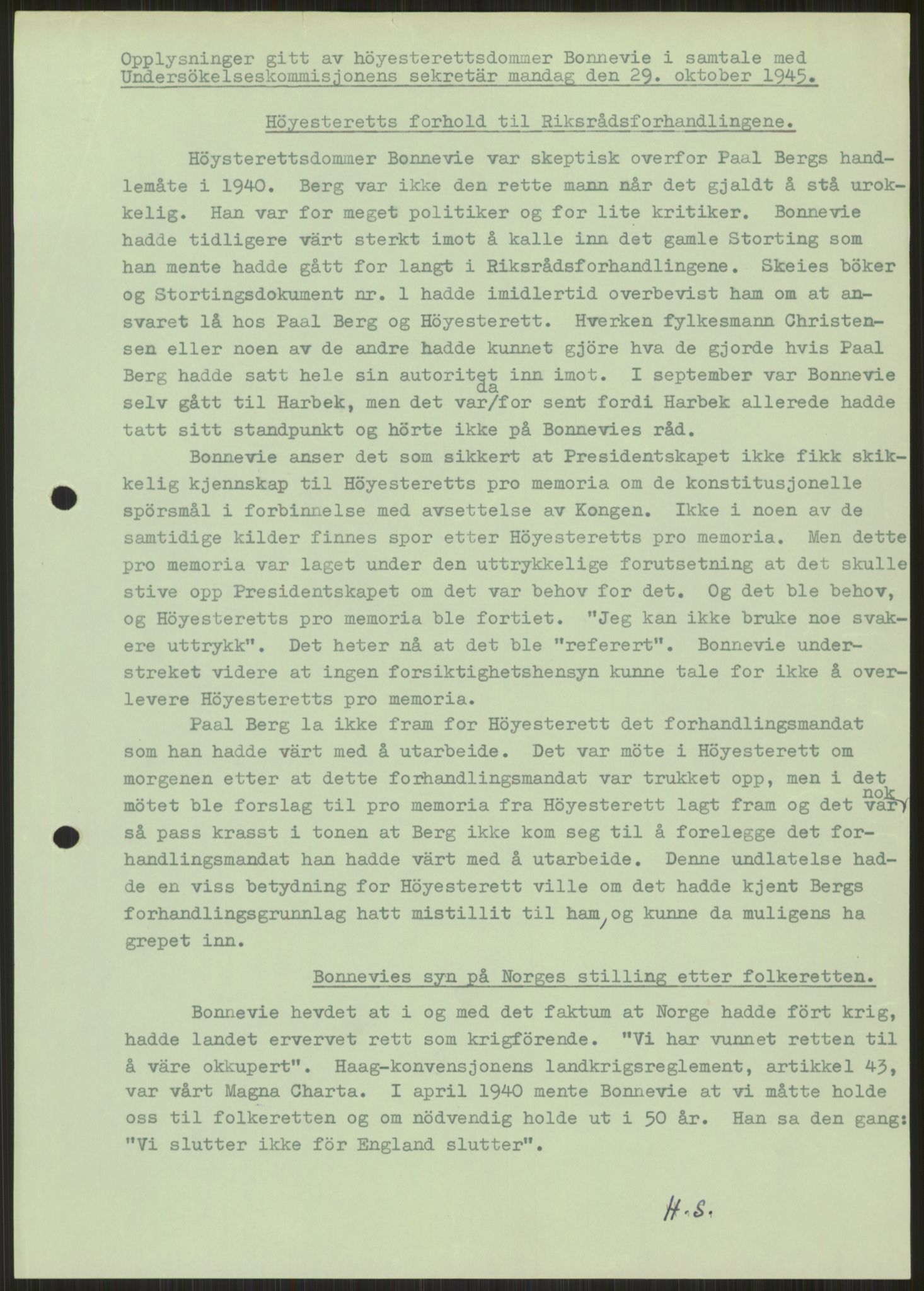 Undersøkelseskommisjonen av 1945, AV/RA-S-1566/D/Db/L0023: Regjeringskonferanse - Riksrådsforhandlingene, 1945-1947, p. 1169