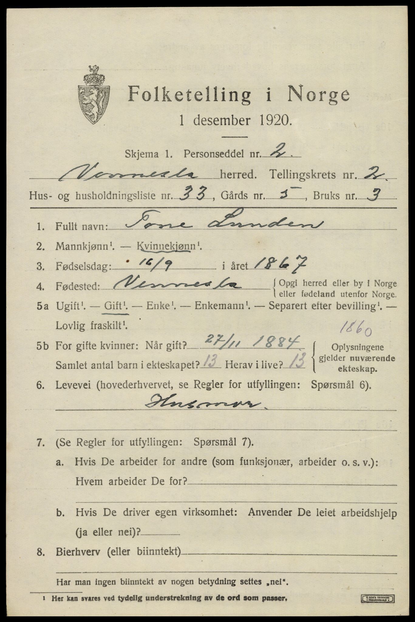 SAK, 1920 census for Vennesla, 1920, p. 1914