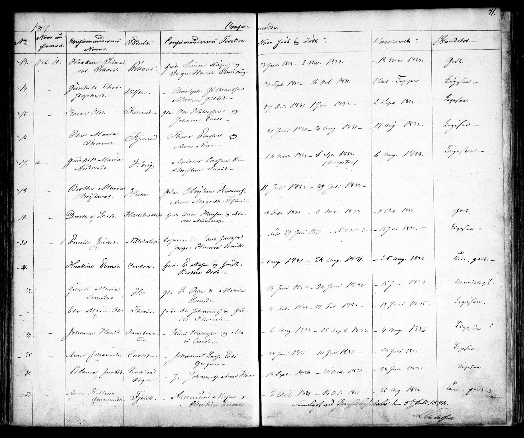 Enebakk prestekontor Kirkebøker, AV/SAO-A-10171c/F/Fa/L0010: Parish register (official) no. I 10, 1829-1876, p. 71