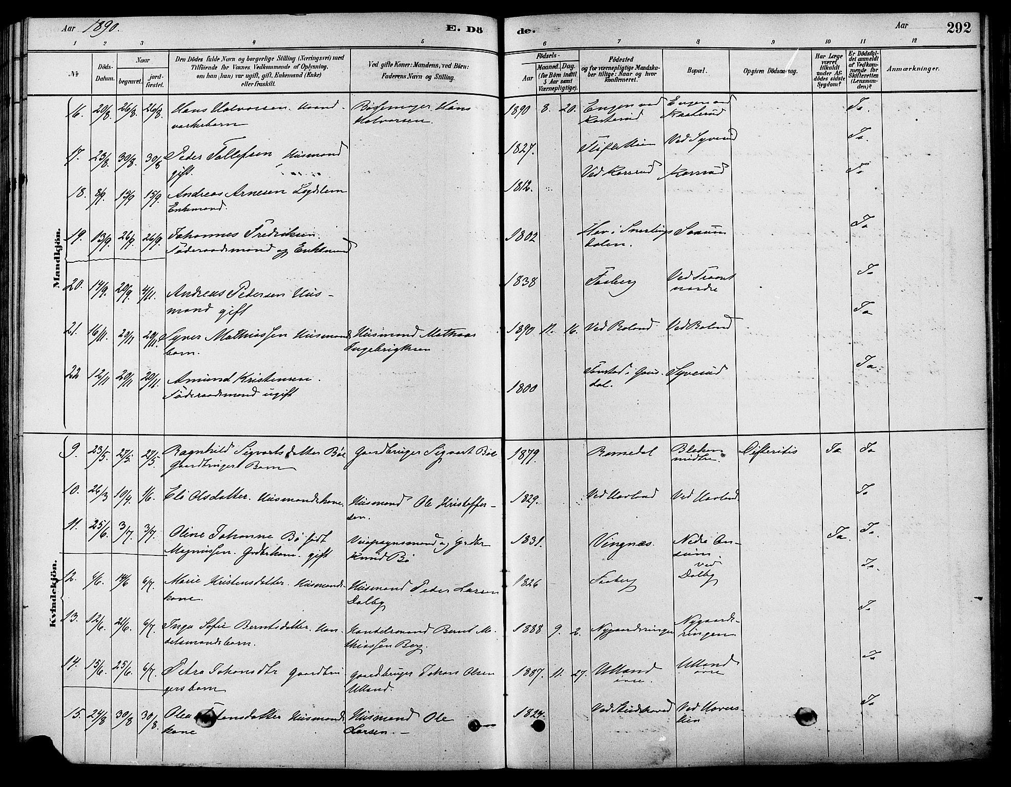 Fåberg prestekontor, SAH/PREST-086/H/Ha/Haa/L0008: Parish register (official) no. 8, 1879-1898, p. 292
