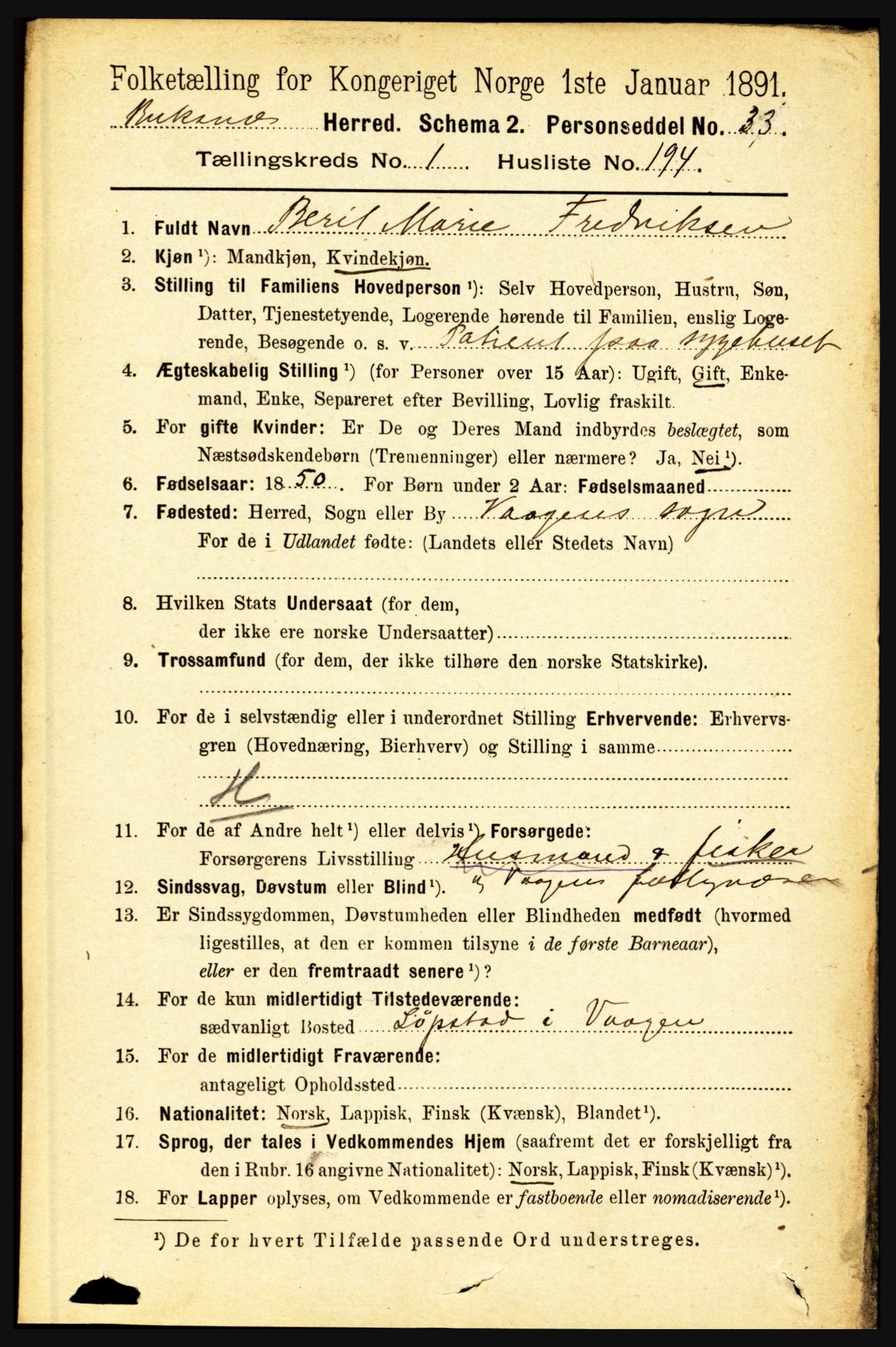 RA, 1891 census for 1860 Buksnes, 1891, p. 1516