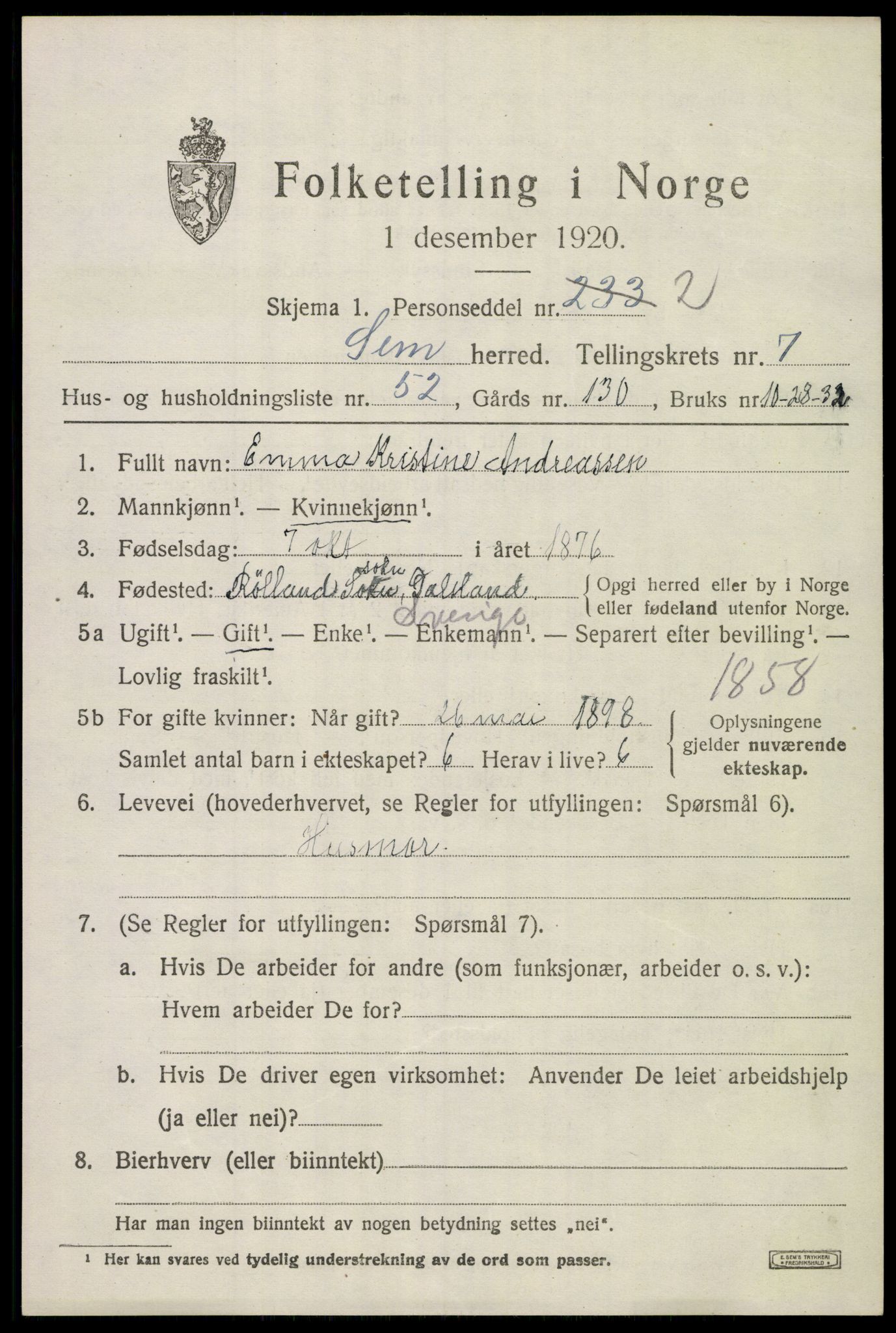 SAKO, 1920 census for Sem, 1920, p. 10807