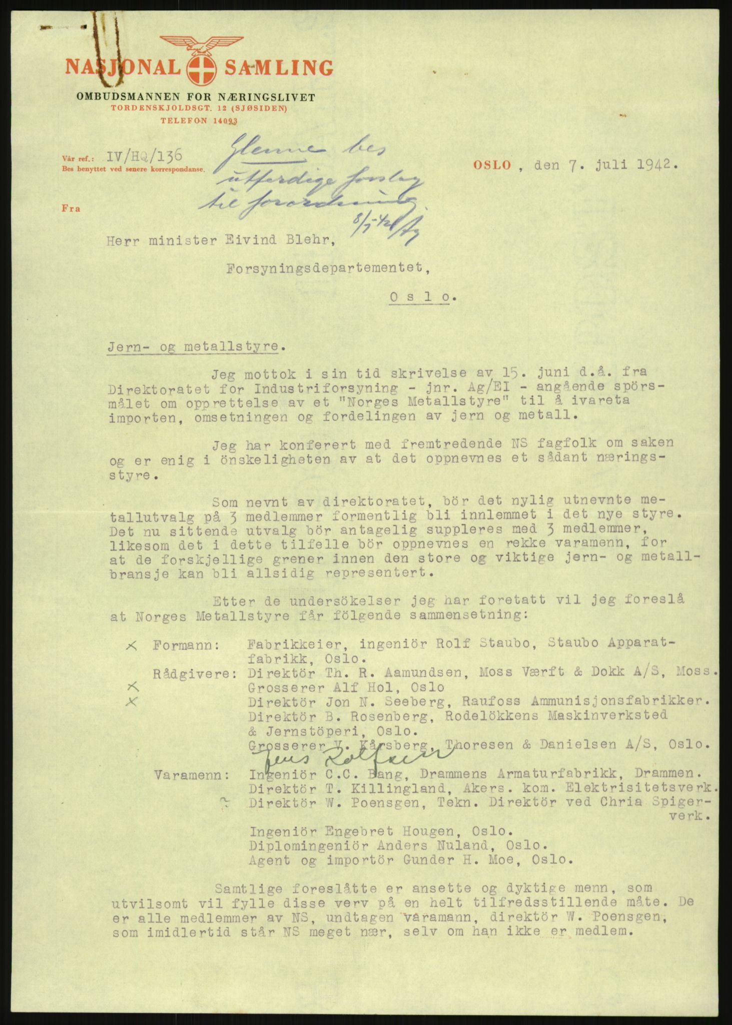 Direktoratet for industriforsyning, Sekretariatet, RA/S-4153/D/Df/L0054: 9. Metallkontoret, 1940-1945, p. 1671