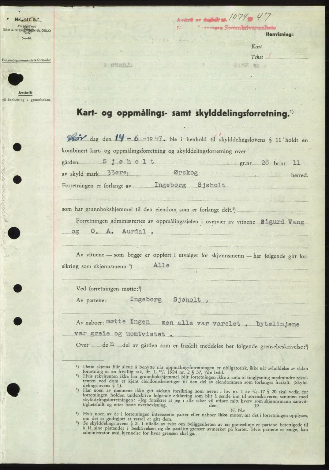 Nordre Sunnmøre sorenskriveri, AV/SAT-A-0006/1/2/2C/2Ca: Mortgage book no. A24, 1947-1947, Diary no: : 1074/1947