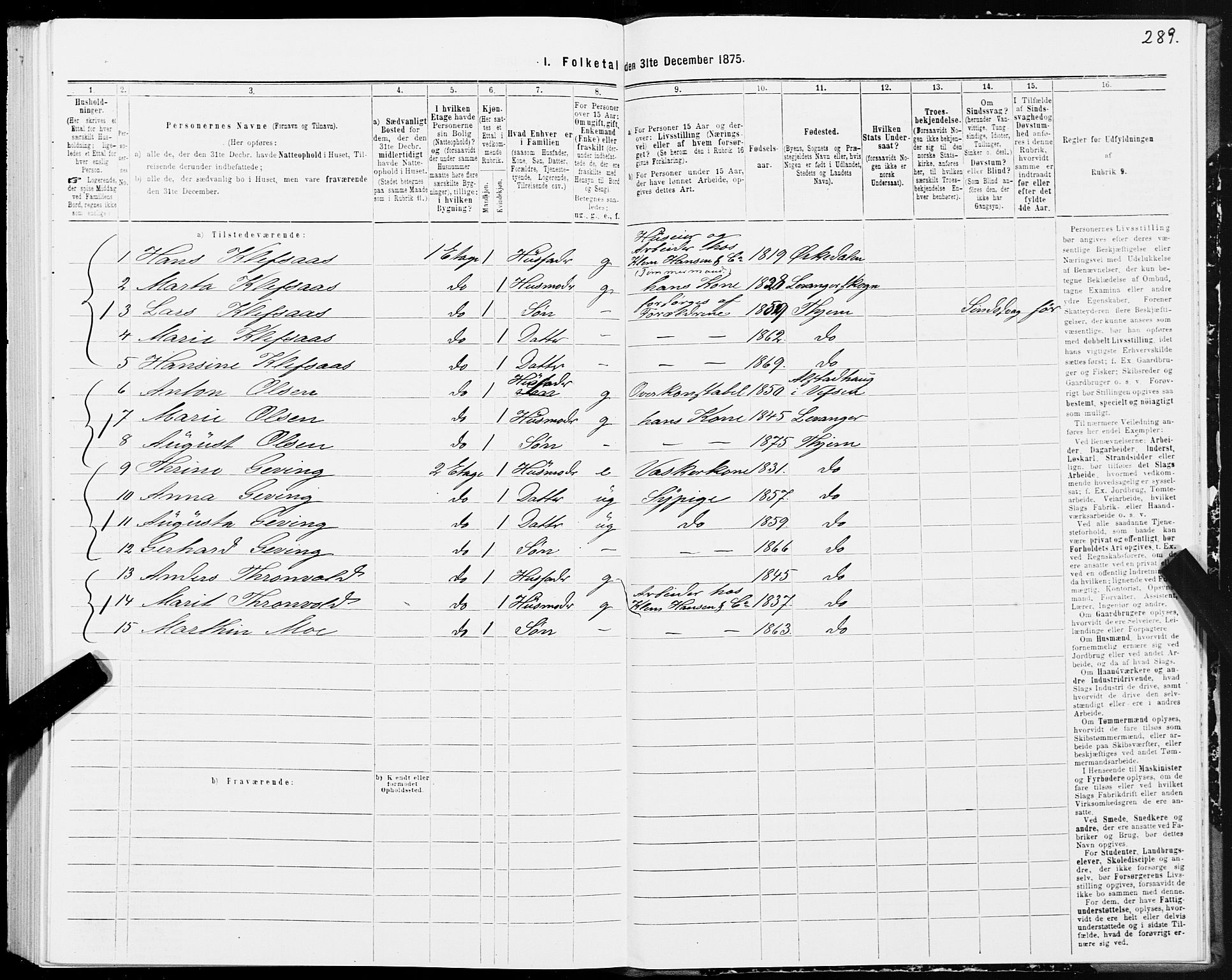 SAT, 1875 census for 1601 Trondheim, 1875, p. 6289