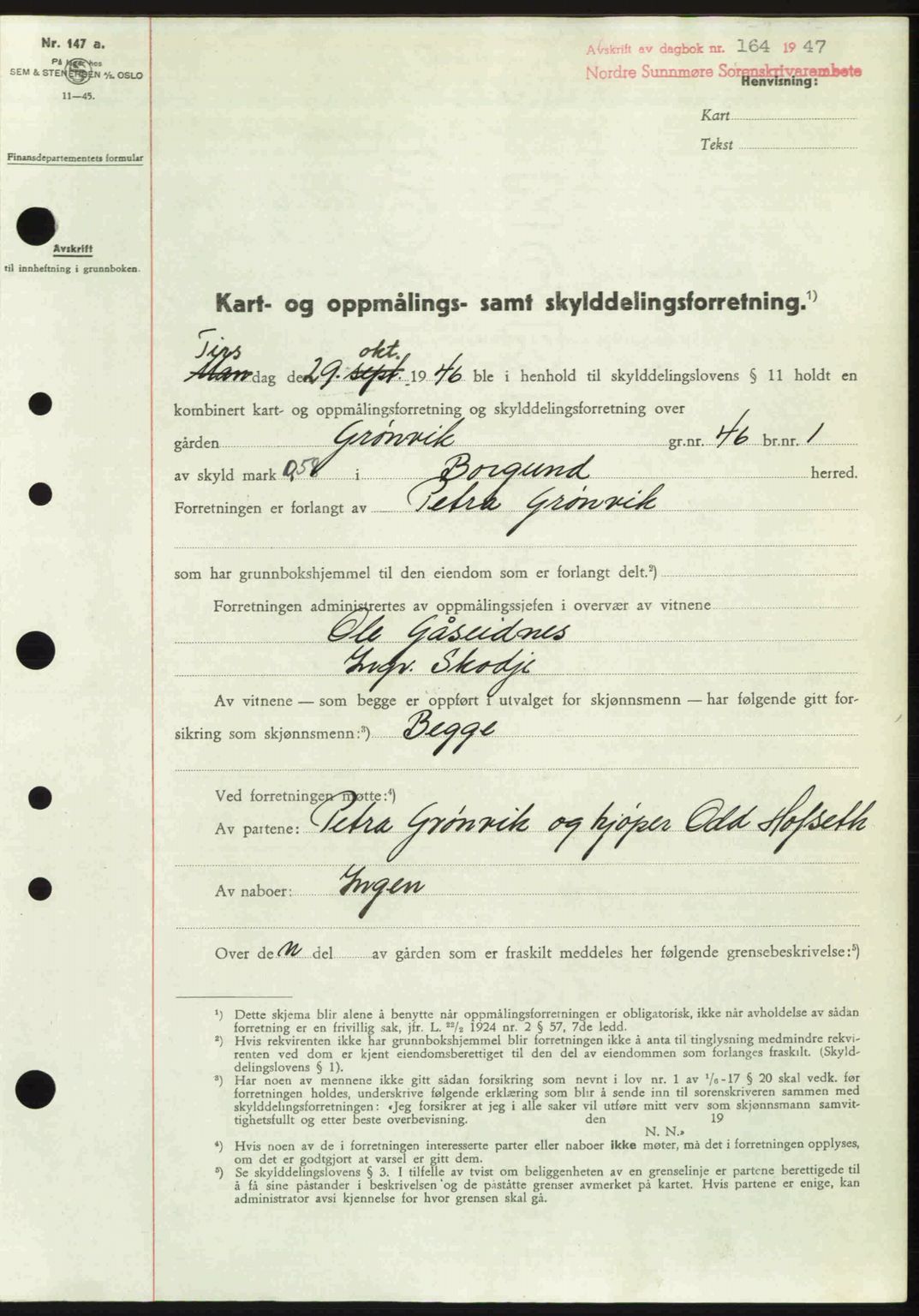 Nordre Sunnmøre sorenskriveri, AV/SAT-A-0006/1/2/2C/2Ca: Mortgage book no. A23, 1946-1947, Diary no: : 164/1947