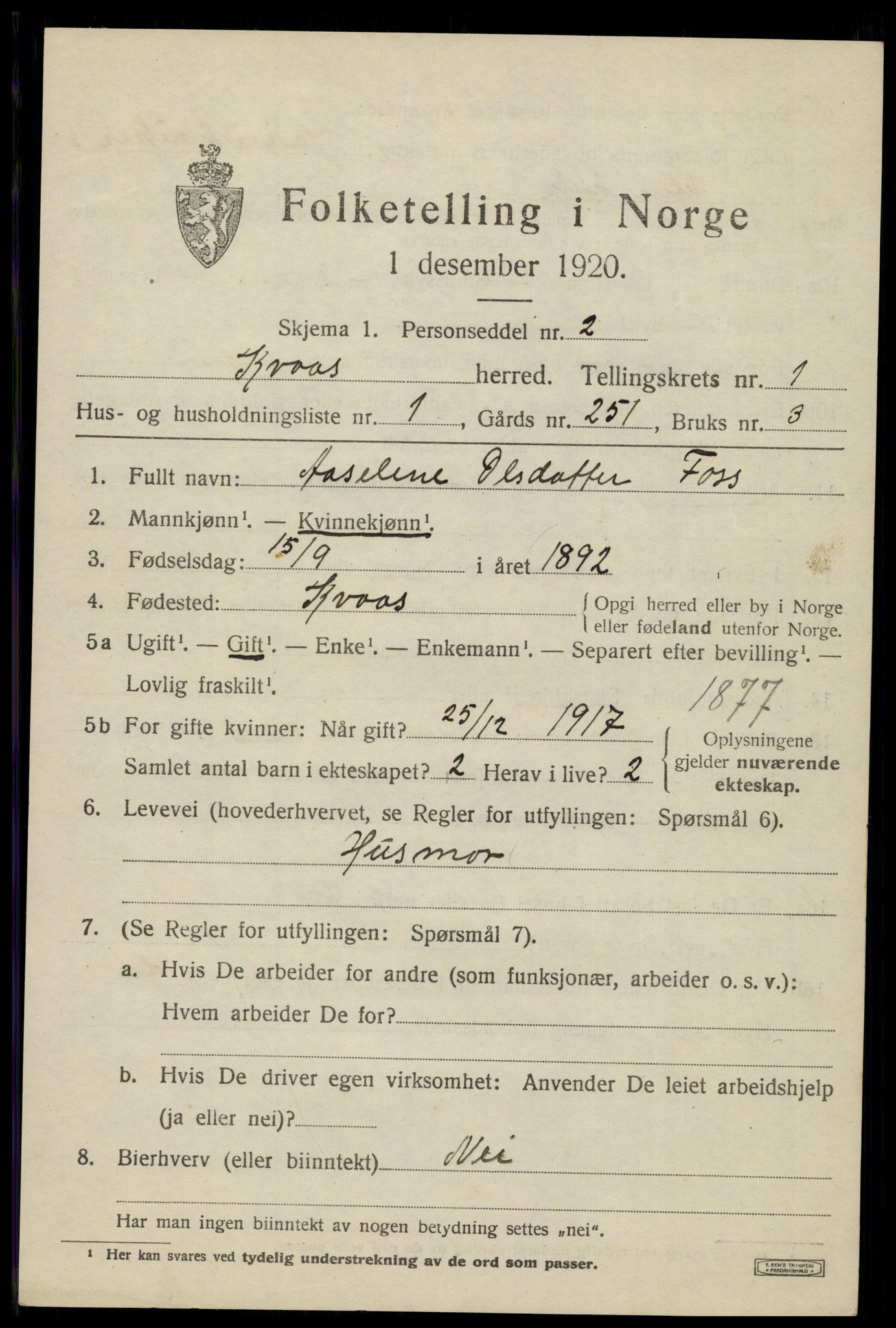 SAK, 1920 census for Kvås, 1920, p. 356