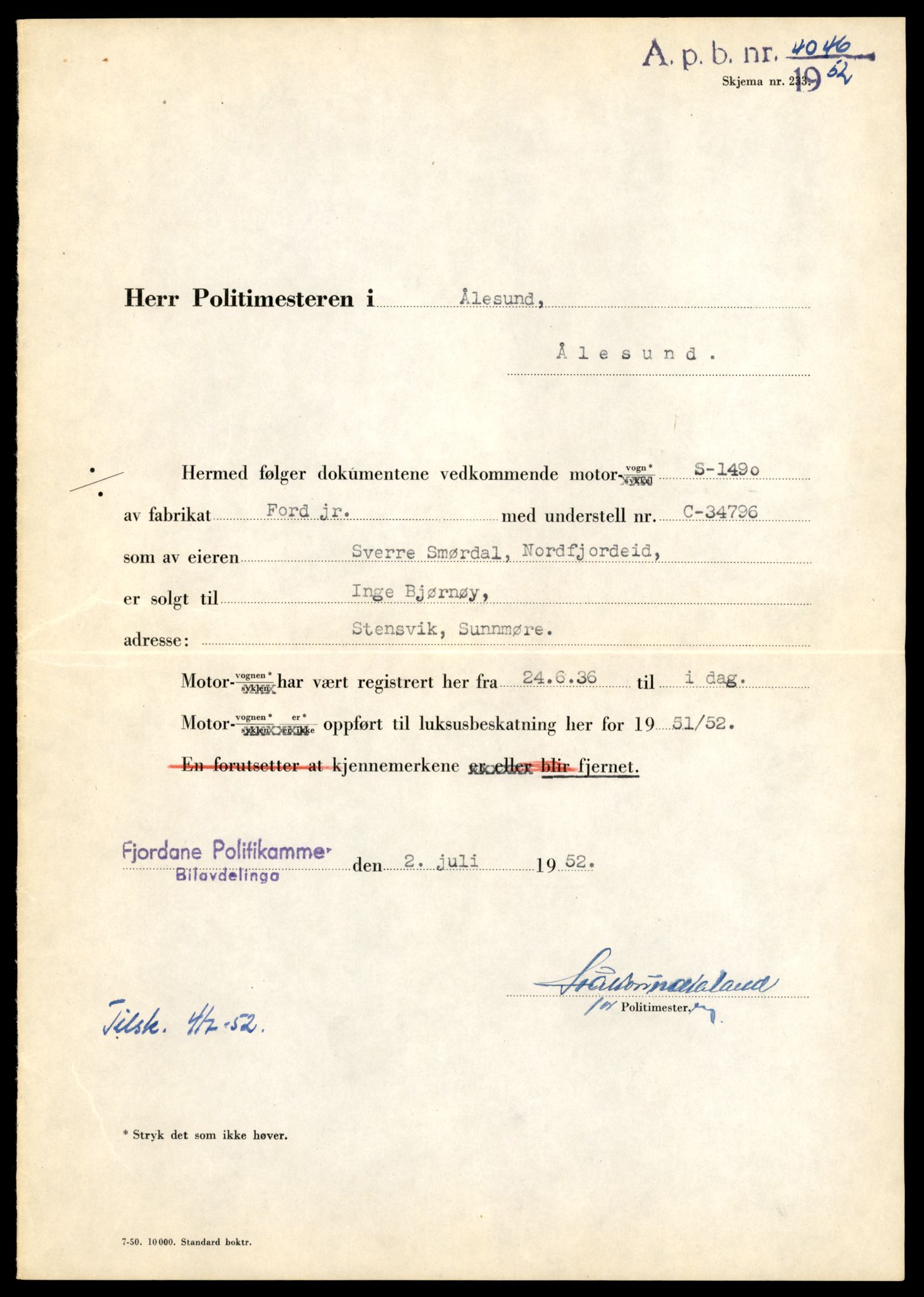 Møre og Romsdal vegkontor - Ålesund trafikkstasjon, AV/SAT-A-4099/F/Fe/L0025: Registreringskort for kjøretøy T 10931 - T 11045, 1927-1998, p. 507